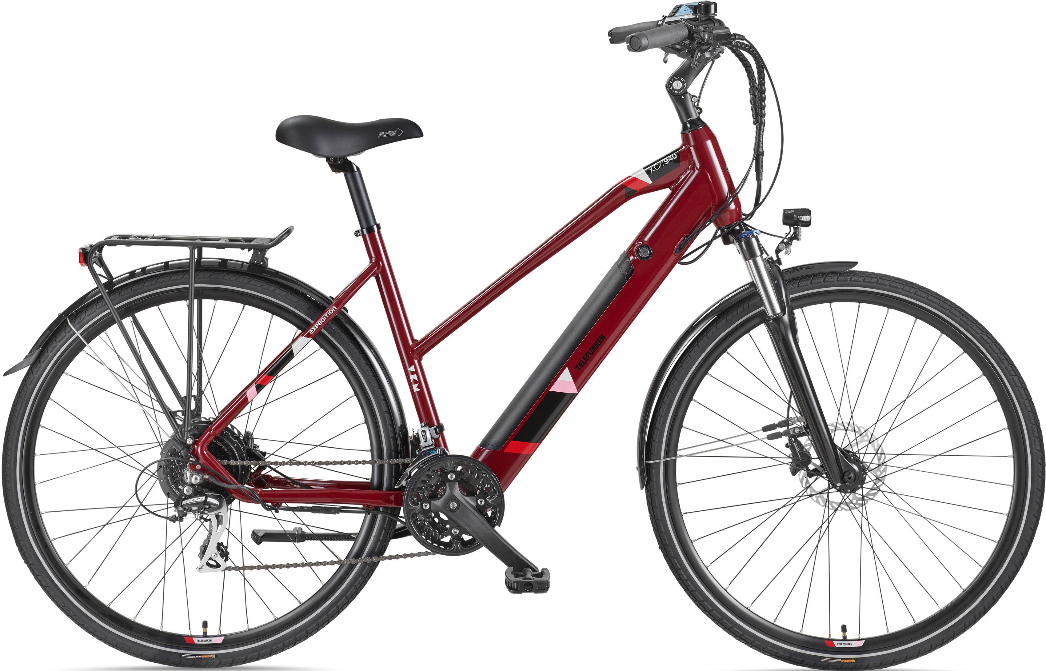 Telefunken E-Bike Trekkingrad Expedition XC940, 24 Gang Shimano Acera Schaltwerk, Kettenschaltung, Heckmotor, 417,6 Wh, (Straßenzulassung, ca. 100 km Reichweite, hydraulische Scheibenbremsen), Trekking Elektrofahrrad, Damen, 28 Zoll, 36 V 417,6 Wh Akku, Pedelec