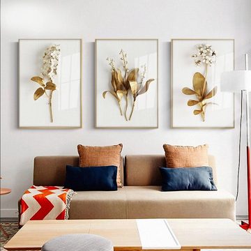 TPFLiving Kunstdruck (OHNE RAHMEN) Poster - Leinwand - Wandbild, Nordic Art - Goldene 3-D Blumen - (11 Motive in 5 verschiedenen Größen zur Auswahl - Bilder Wohnzimmer), Farben: Gold, Weiß - Größe: 21x30cm