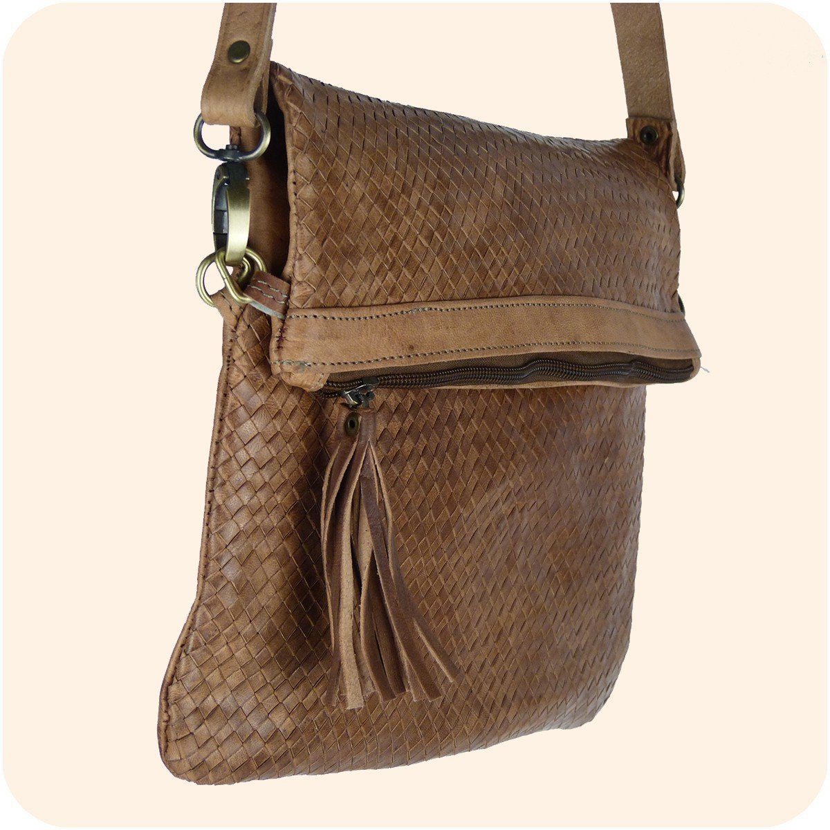 SIMANDRA Handtasche Leder Tasche Dafira 33x26cm, marokkanische Umhängetasche in Flecht-Optik mit 3 Fächern Hellbraun