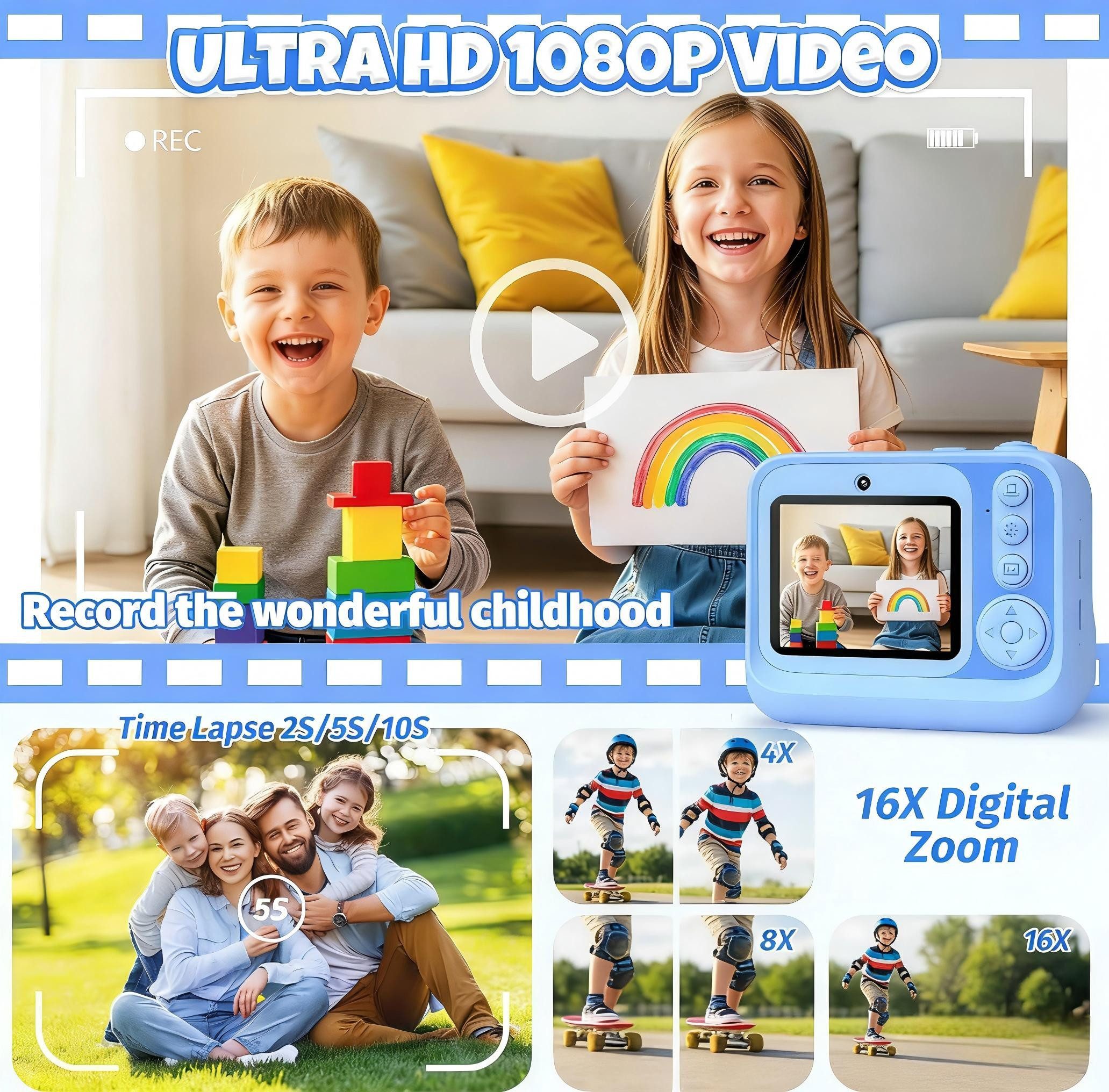 Ophy Blaue Kinder-Sofortbildkamera – 2,4-Zoll Selfie-Kamera Sofortbildkamera (inkl. 32GB Karte, 3 Rollen Fotopapier, 1080p Video, Geschenk für Mädchen & Jungen)