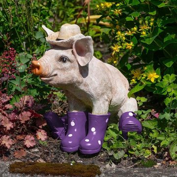 colourliving Tierfigur Deko Schwein Erich mit Hut und Stiefel in lila Schweine Figuren Garten, handbemalt, wetterfest, lebensecht wirkend