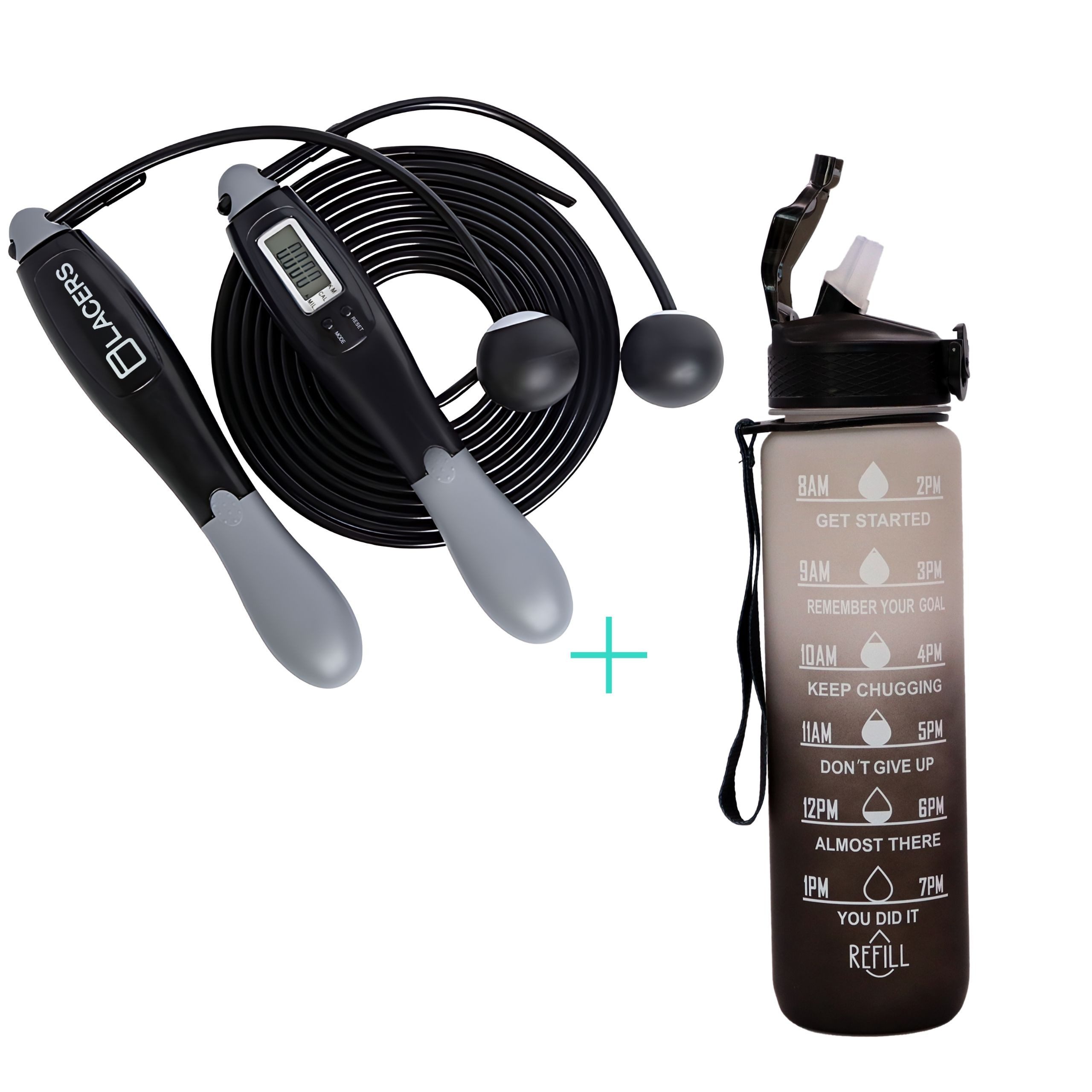 Lacers Springseil Petrolline-Bundle-1L Trinkflasche & Springseil mit rutschfesten Griff, Anpassbare Länge, mit Strohhalm & Zeitmarkierung, Auslaufsicher