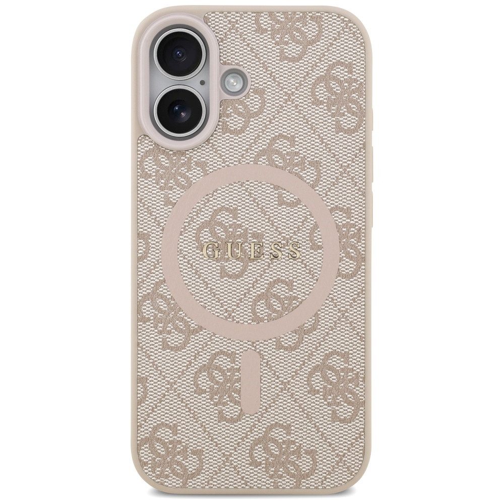 Guess Handyhülle Case iPhone 17 MagSafe Kunstleder rosa Logo goldfarben 6,3 Zoll, Kantenschutz