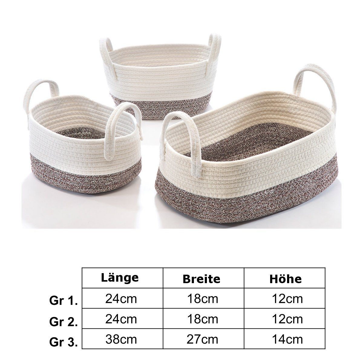 beige Set 3er mit oval weiß Baumwollkorb Aufbewahrungskorb Griffen Kobolo