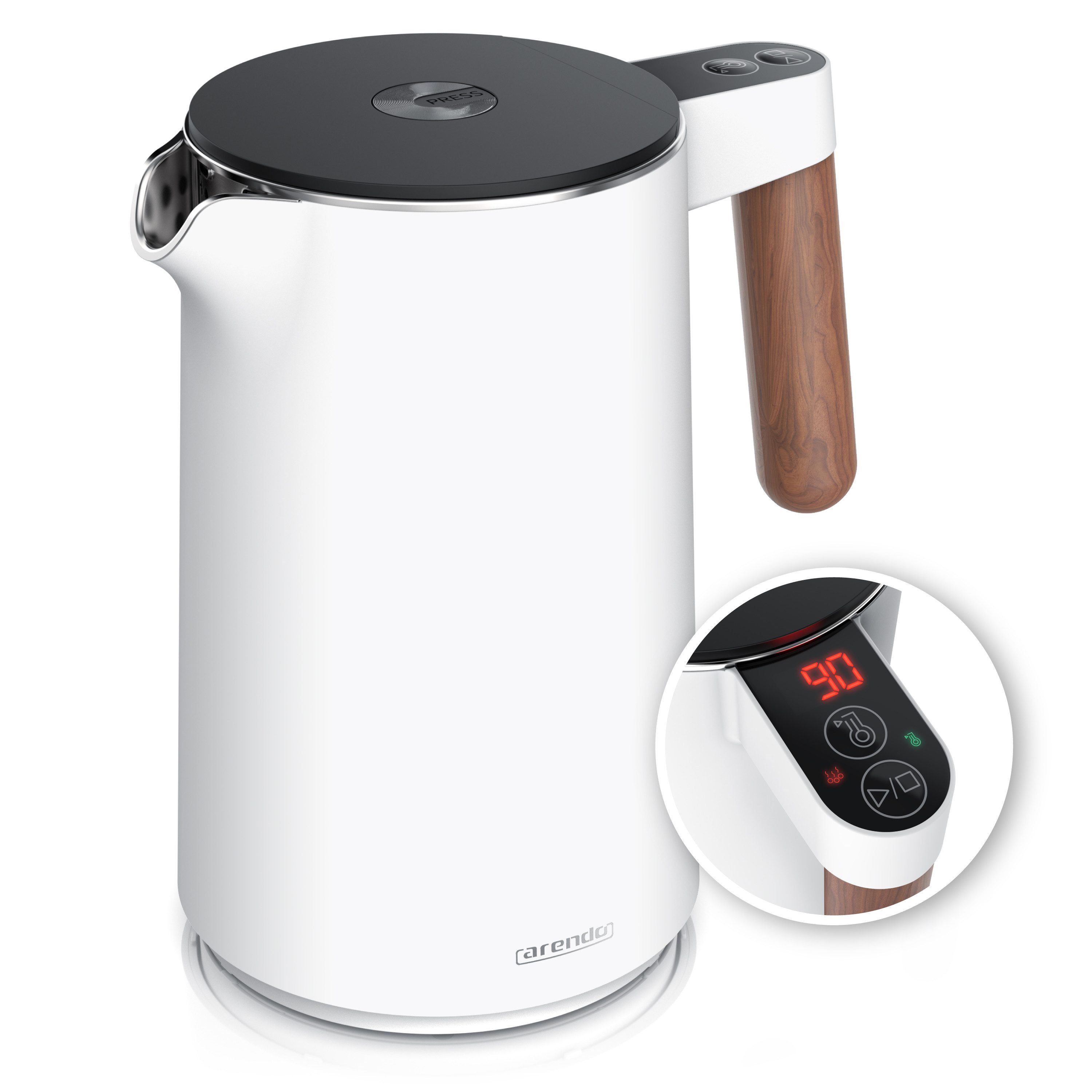 Arendo Wasserkocher Edelstahl, Doppelwand, Temperatureinstellung 40° - 100 °C mit Anzeige, 1,5 l, 2200 W, Warmhaltefunktion, 360° Basis, mit Griff in Holzoptik, BPA-frei