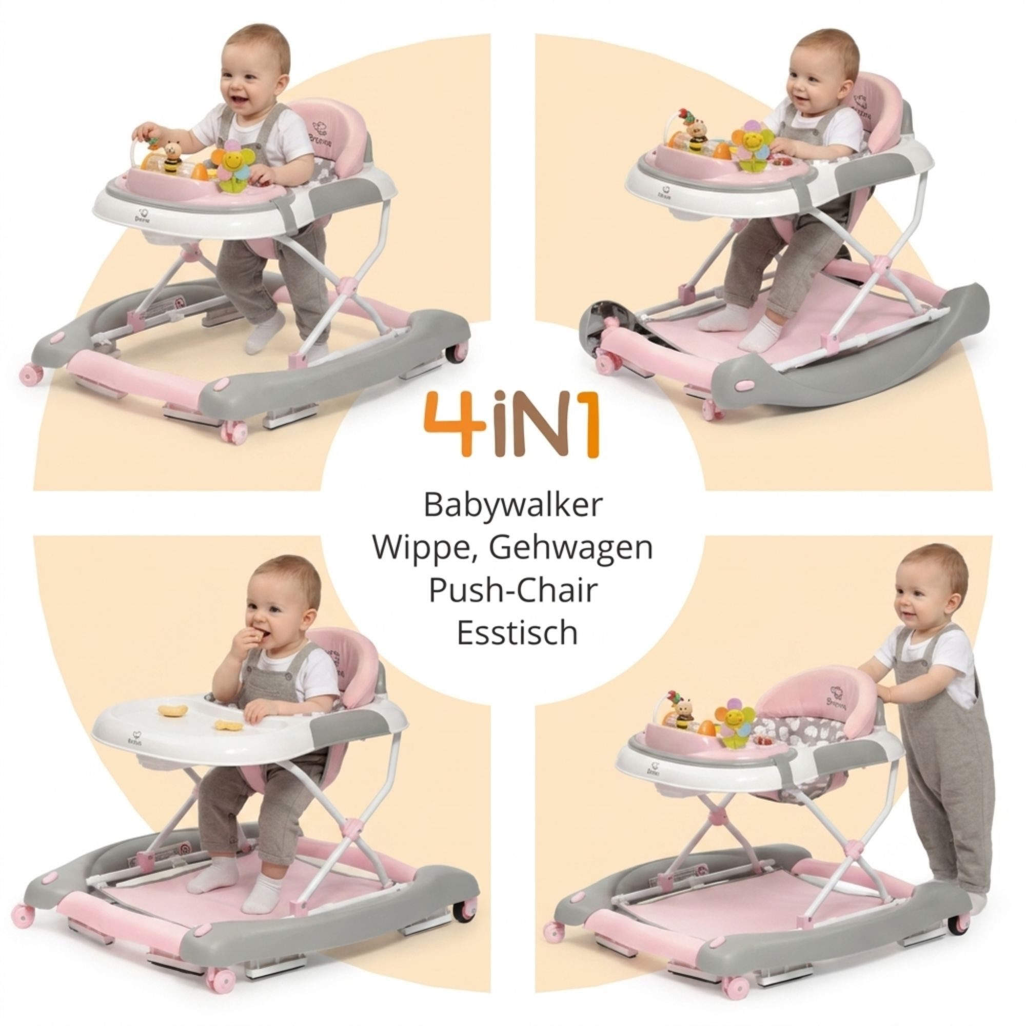 Bronea Lauflernhilfe 4-in-1 Lauflernwagen Gehfrei Baby Schaukel Lauflernhilfe Babywalker, Abnehmbares Spielpaneel - Wippfunktion - Leise gummierte Reifen