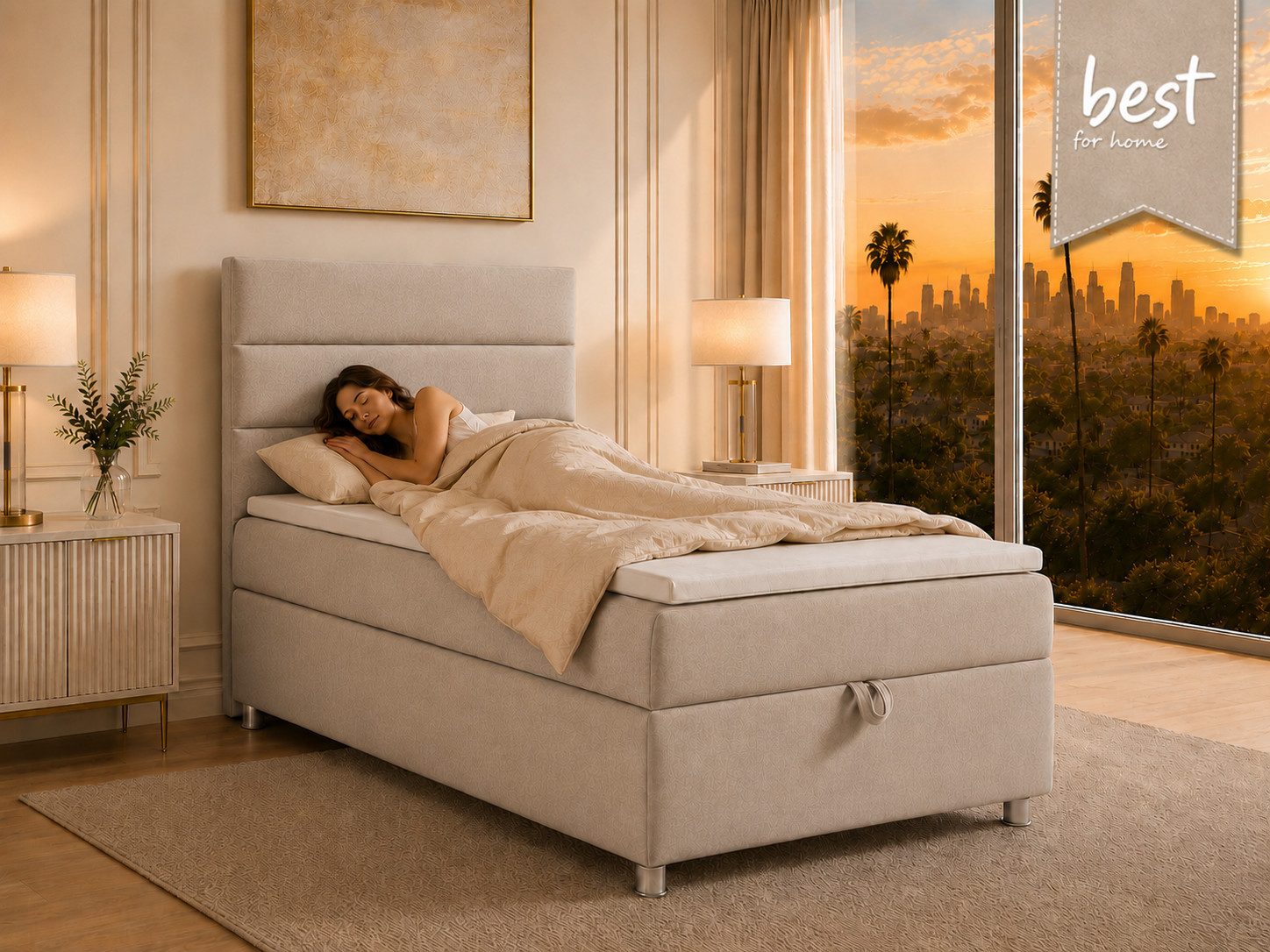 Best for Home Boxspringbett Trinity K-4 Single 5cm Topper Bonell Bettkasten (Einzelbett, Polsterbett mit gepolstertes Kopfteil, Jugendbett, Kinderbett versch. Größen, 1-St., 70x200 80x200 90x200 100x200 cm), Stauraum; ergonomischer Schlafkomfort; modernes Design