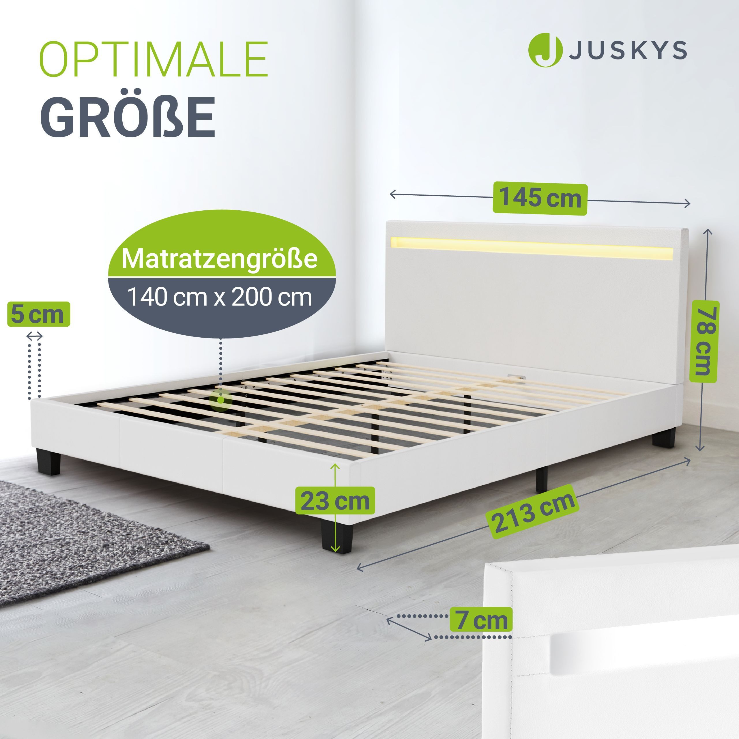 Juskys Polsterbett Paris, 140x200 cm, bunte LED-Beleuchtung, Kunstleder, weiches Kopfteil