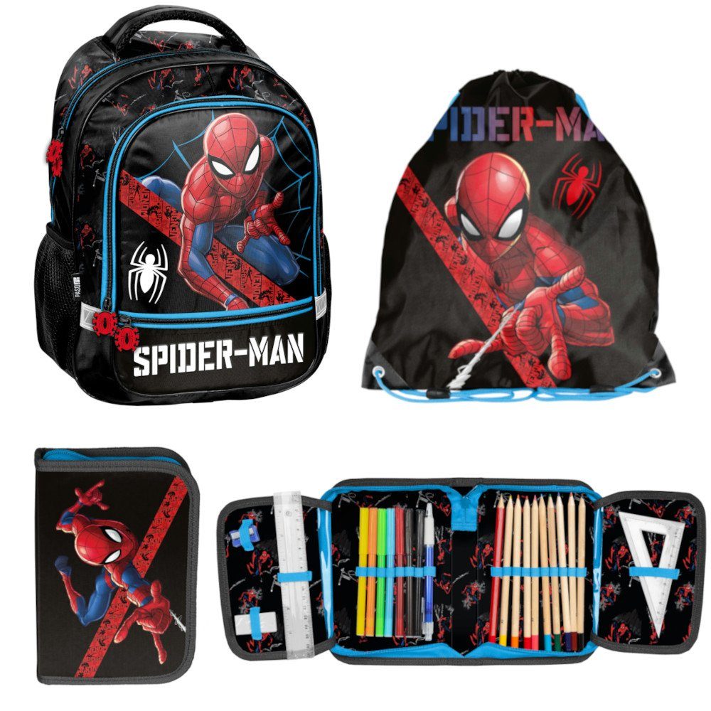 PASO Schulrucksack (Set, 3-Tlg), Mit Turnbeutel & Befüllter Federtasche - Spider-Man - Schwarz