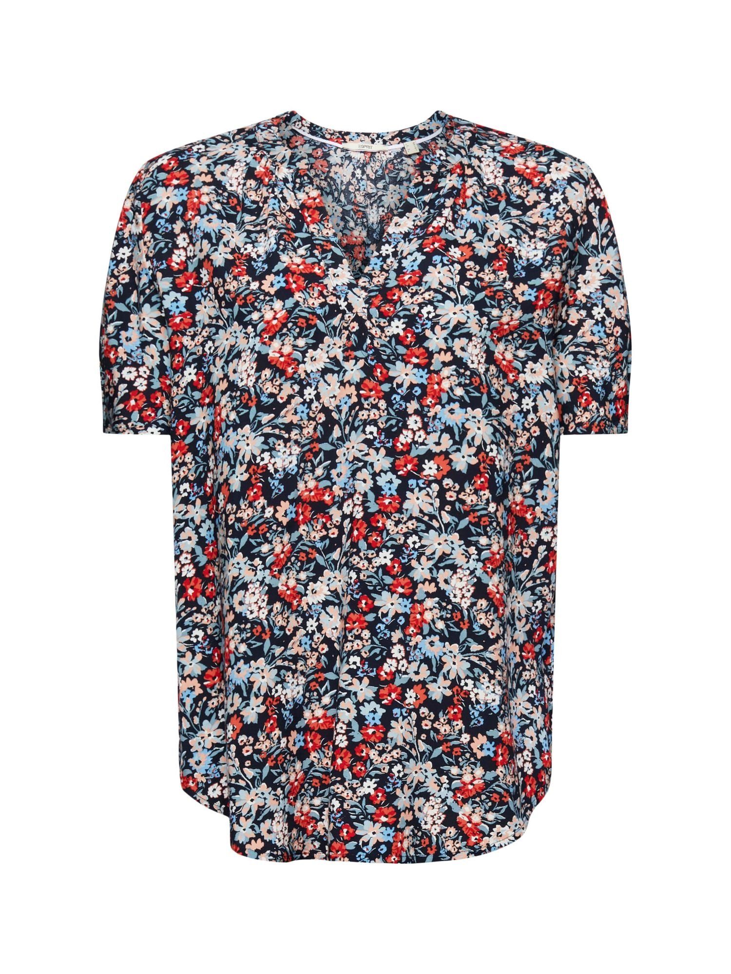 Esprit Kurzarmbluse Florale Bluse mit geschlitztem Ausschnitt NEW NAVY