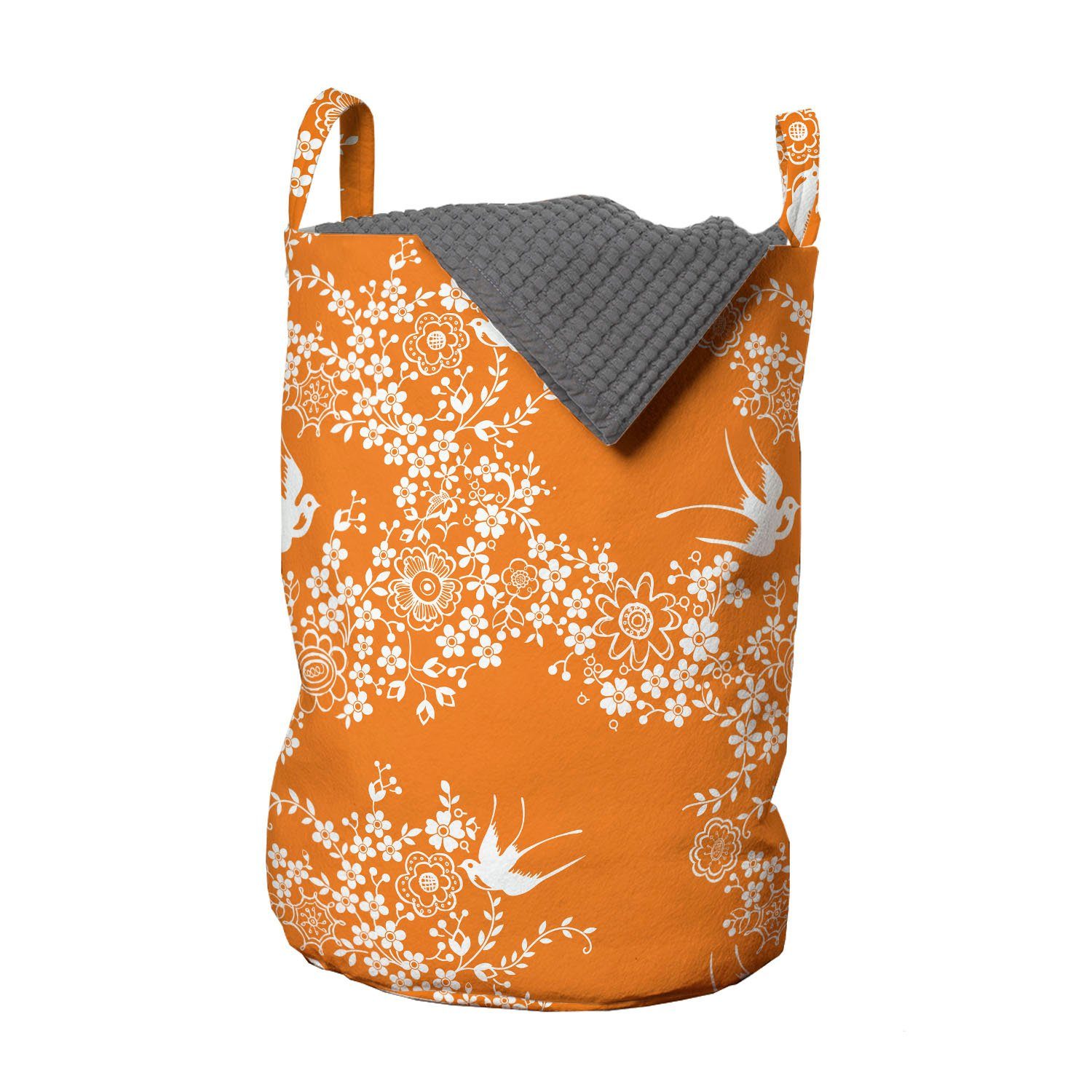 Abakuhaus Wäschesäckchen Wäschekorb mit Griffen Kordelzugverschluss für Waschsalons, Orange Japanische Baum-Vogel-Kunst