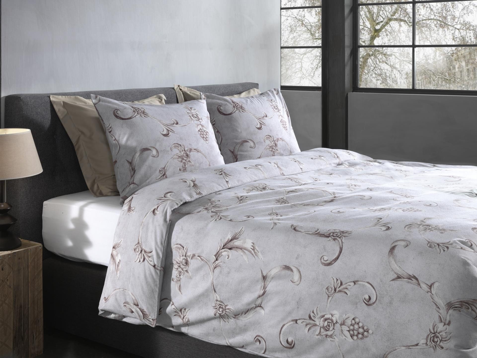 Heckett and Lane Bettwäsche Rosalie Bettwäsche 155 Grey 155x220 Grey Ornament, Flanell, 2 teilig, Bettwäsche 155x220 Baumwollbettwäsche Flanell Ornament