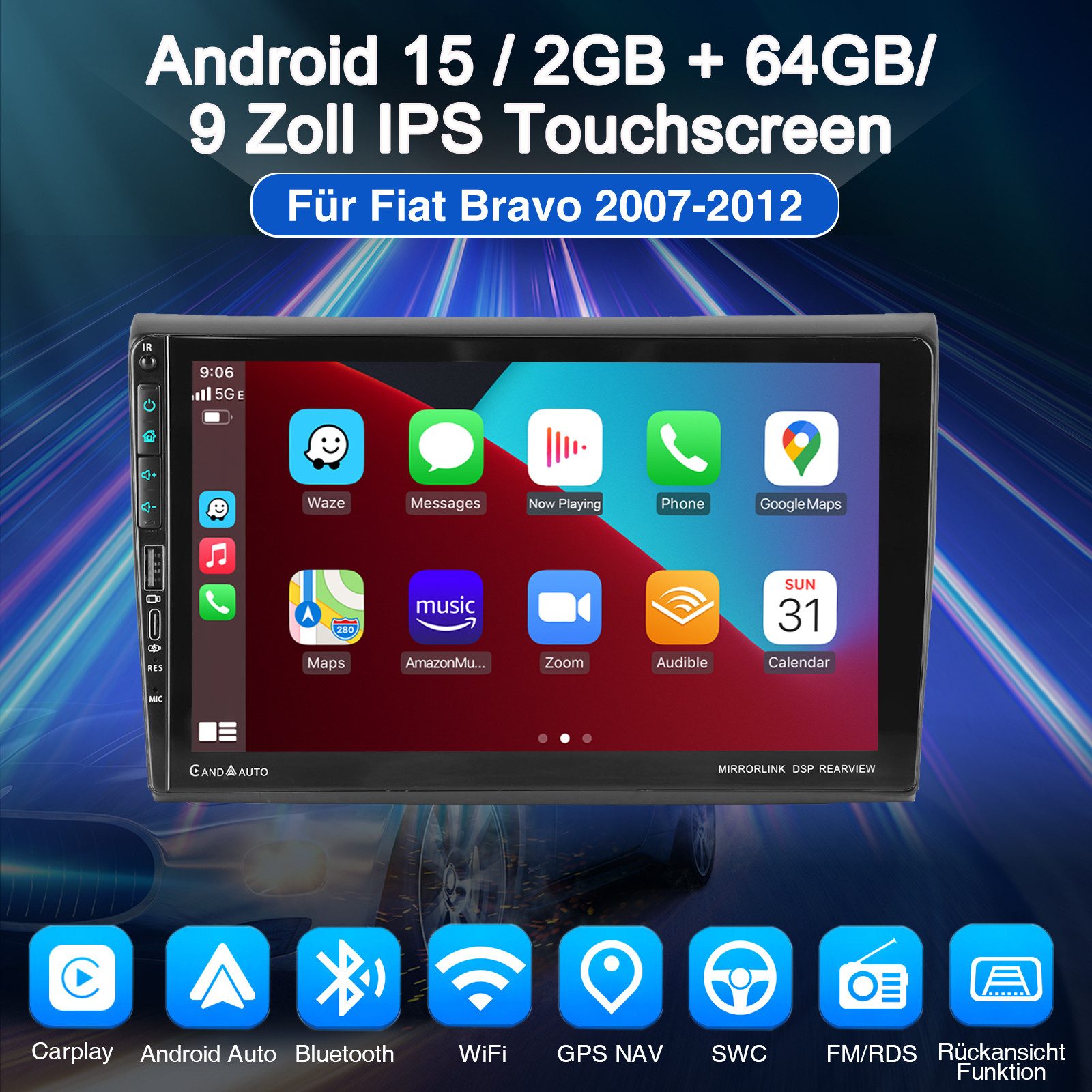 ESSGOO Autoradio Android15 Für Fiat Bravo 2007-12 CarPlay GPS USB- und Type-C Autoradio (RDS, 4+64GB(optional), Digitalradio (DAB), FM, USB- und Type-C, SWC, Apple Carplay Android Auto GPS Navi WIFI BT EQ mit USB- und Type-C)