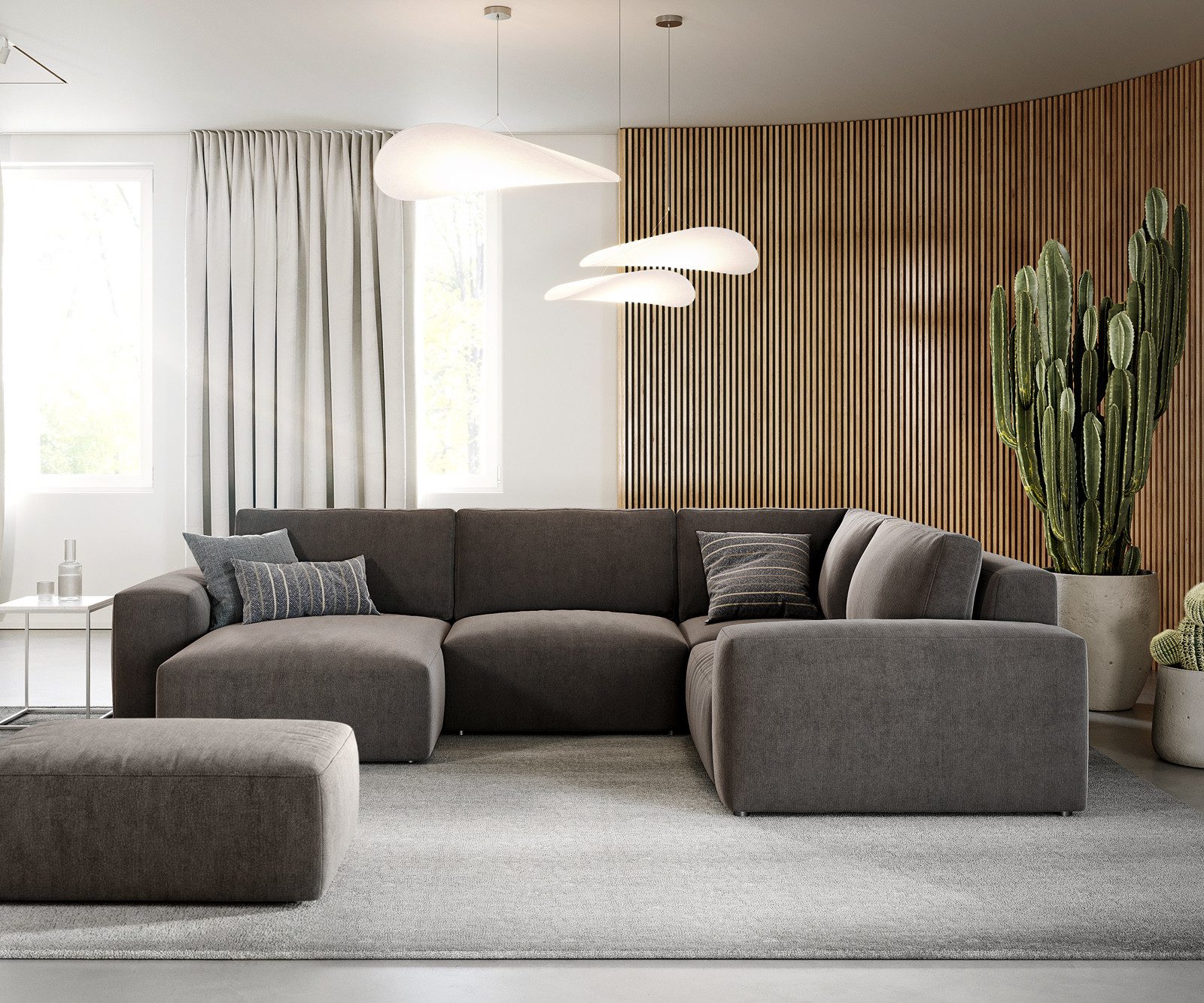DELIFE Wohnlandschaft Lanzo, Mikrofaser Khakibraun 300x210 cm Recamiere variabel mit Hocker