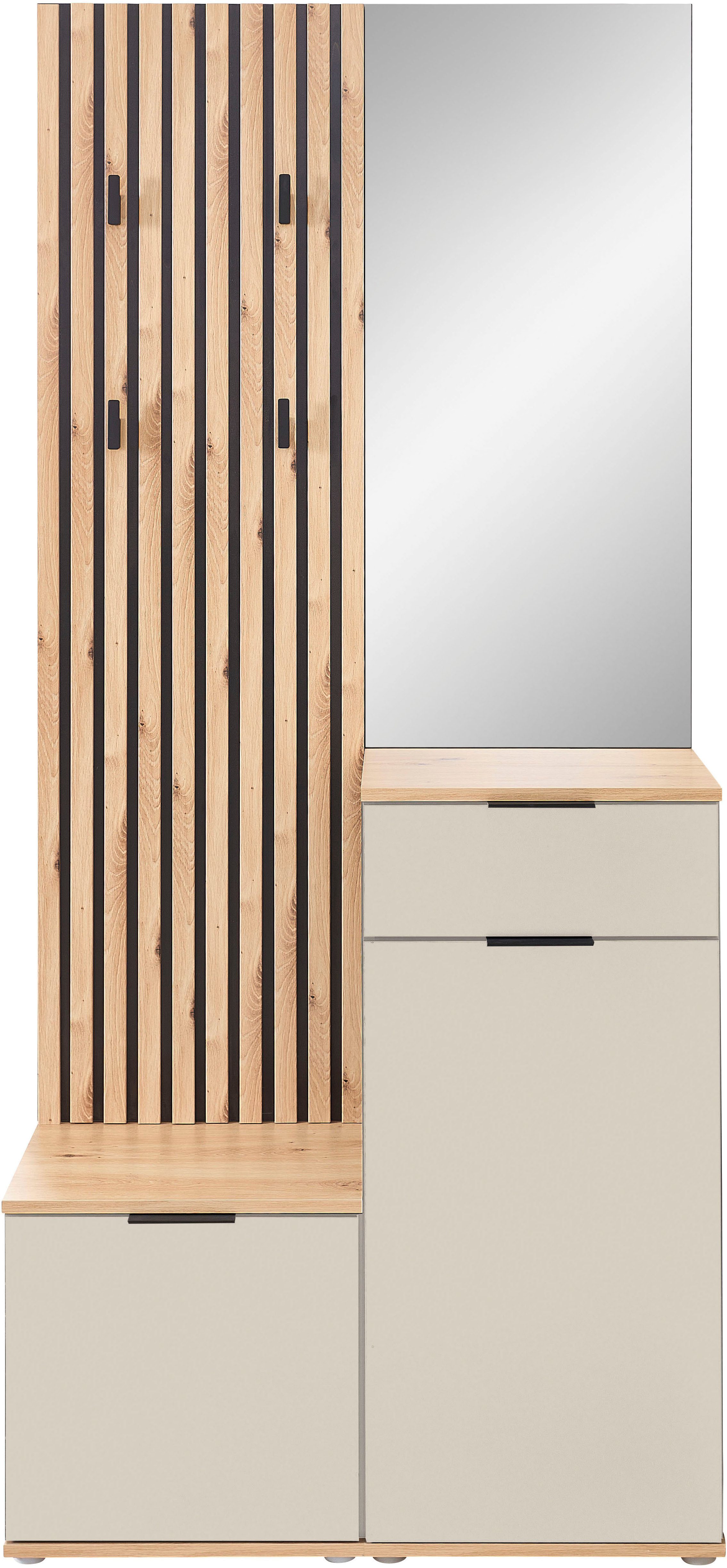 HBZ Kompaktgarderobe Simple mit Spiegel, Flurgarderobe BxHxT 88x195x35 cm (4-St) mit Bank, Paneel, Schuhkommode mit Schubkasten und Spiegel