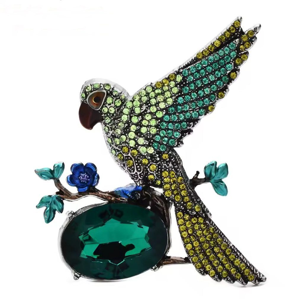 Dark-Desires Brosche Vintage Look Brosche Vogel auf Ast in grün mit Strass, Damen Brosche vintage Accesssoire retro Anstecknadel