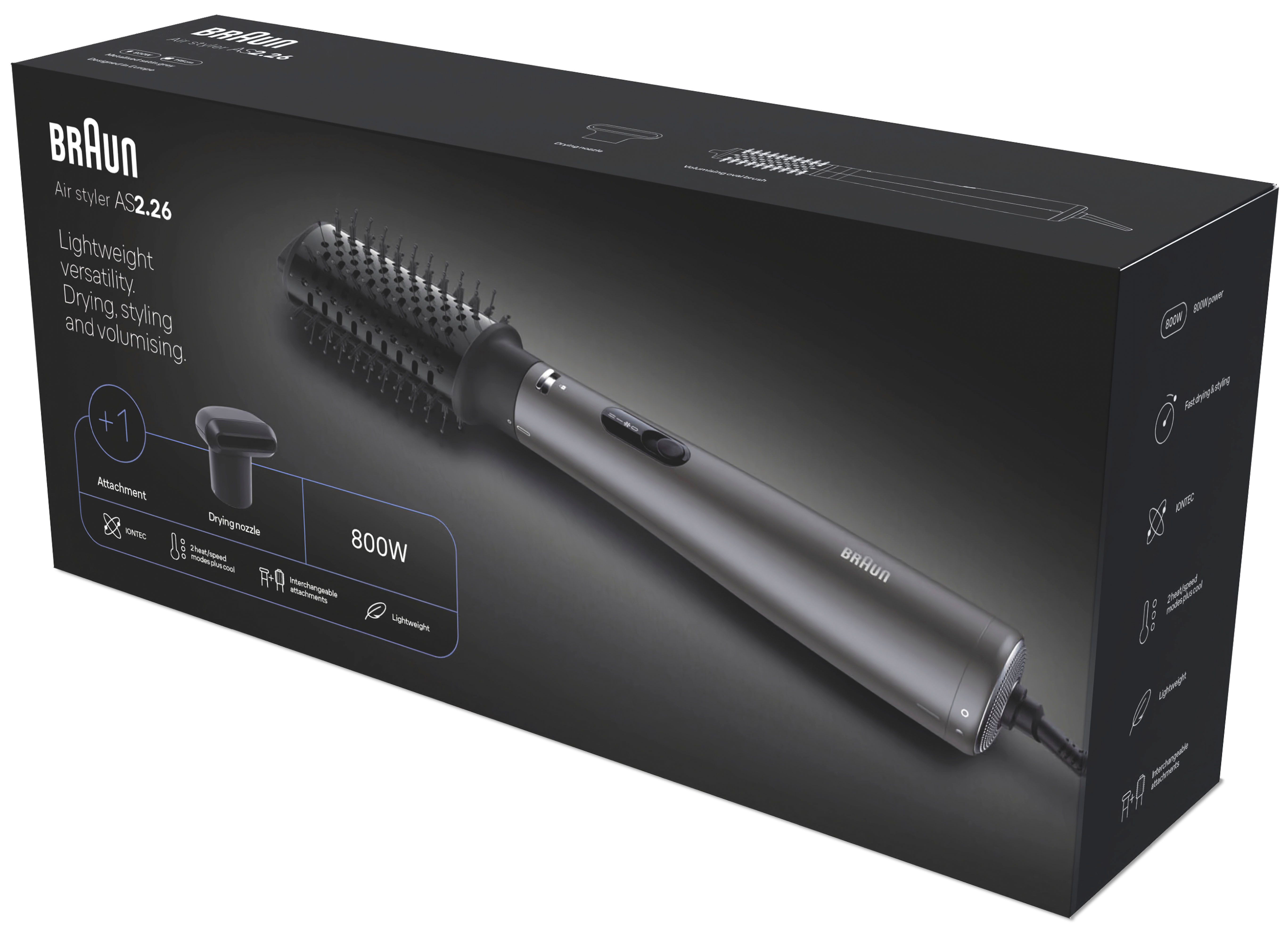 Braun Warmluftbürste AS2.26, 2 Aufsätze, Ionen-Technologie, BRAS226E, 800 W, IONTEC-Technologie, Trocknen und Stylen in einem, leicht