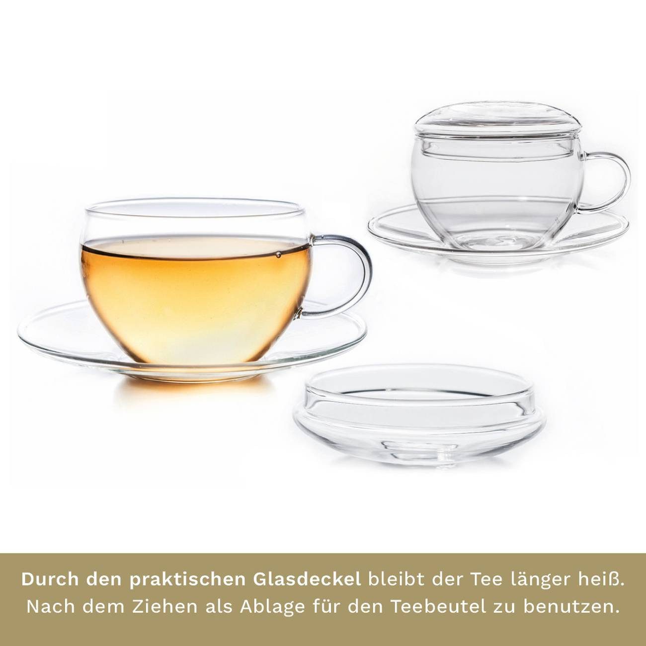 Creano Teeglas Glastasse 2er-Set mit Untertasse & Deckel, 200ml, Glas, 2 bedruckte Gläser