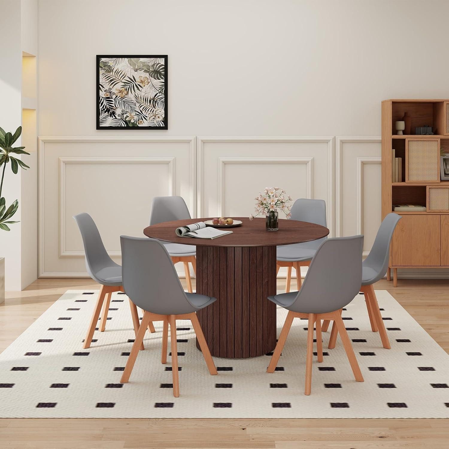 LuxusKollektion Essgruppe Esstisch 120 cm MDF Holzfuß 1 Tisch 6 Stühle Dunkelbraun Grau