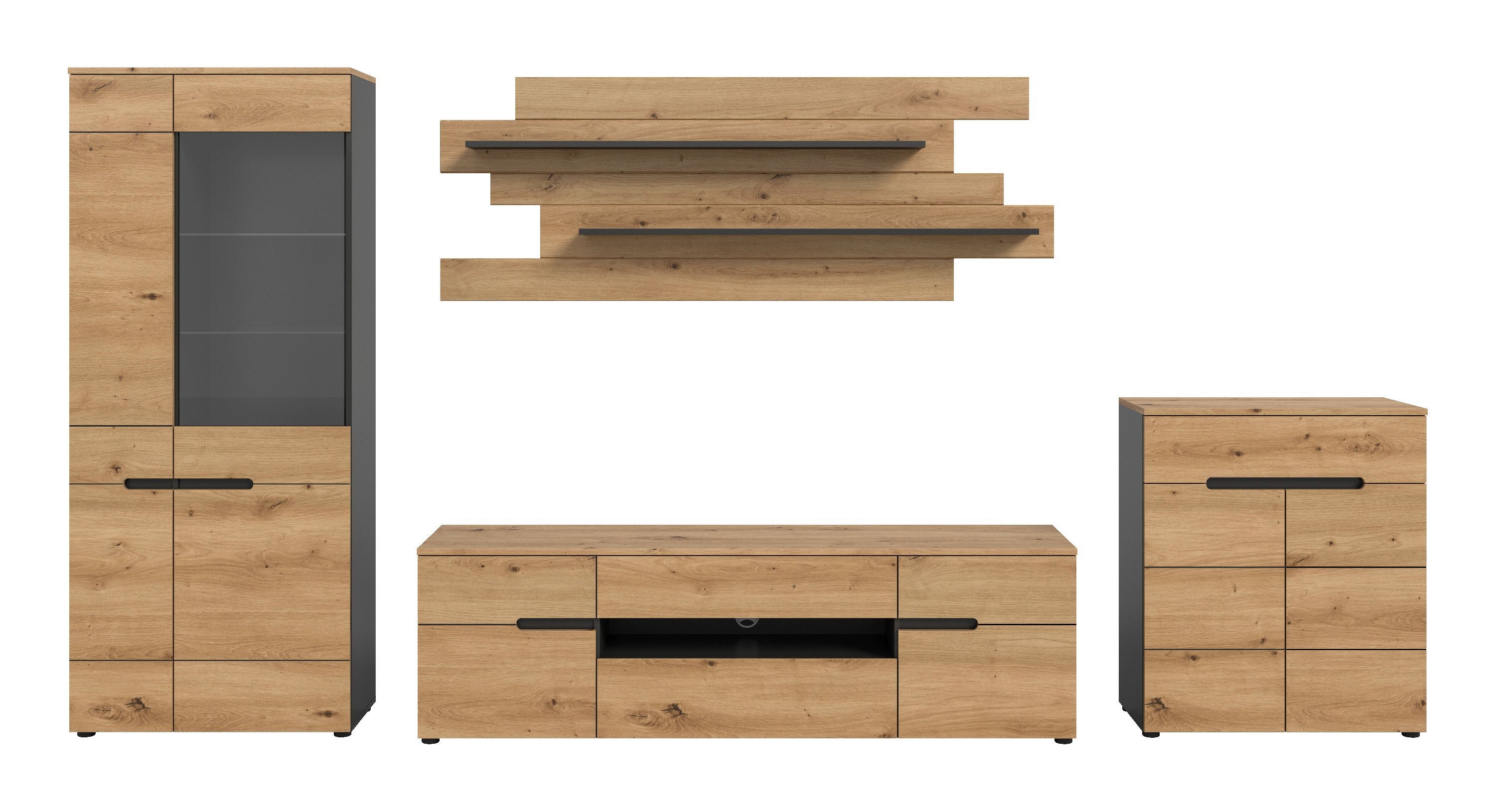 xonox.home Wohnwand Canu, (4tlg. Set inkl. Vitrine, Lowboard, Wandboard, Kommode), Basalt grau Melamin beschichtet modern 375x190x44 cm