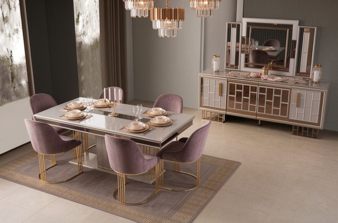 JVmoebel Essgruppe Esszimmer Set Esstisch 6x Stühle Konsole Beige Moderner Stil Schick, (8-tlg), Made in Europa