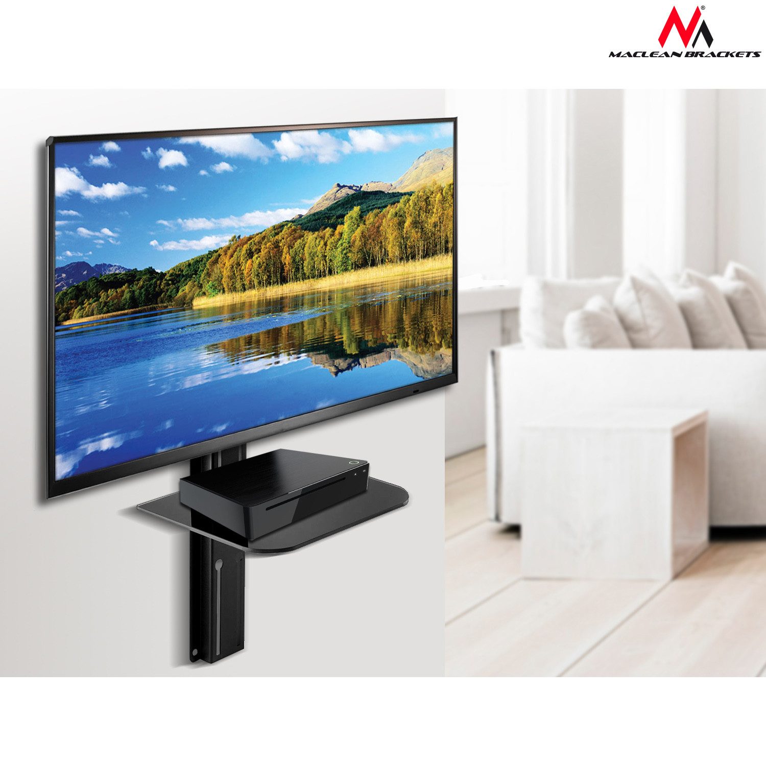 Maclean TV-Wandhalterung MC-772 mit Glas DVD Ablage 32–55 Zoll, (bis 55,00 Zoll, schwenkbar & neigbar, integrierte Kabelführung, bis 30 kg)