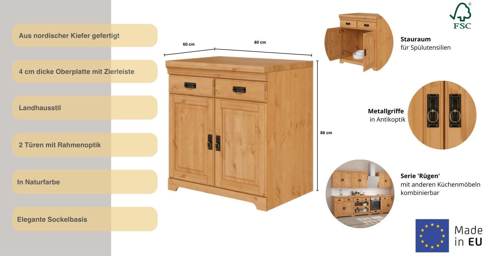 OTTO home Spülenschrank Rügen Breite 80 cm, Kiefer massiv, mit 2 Türen