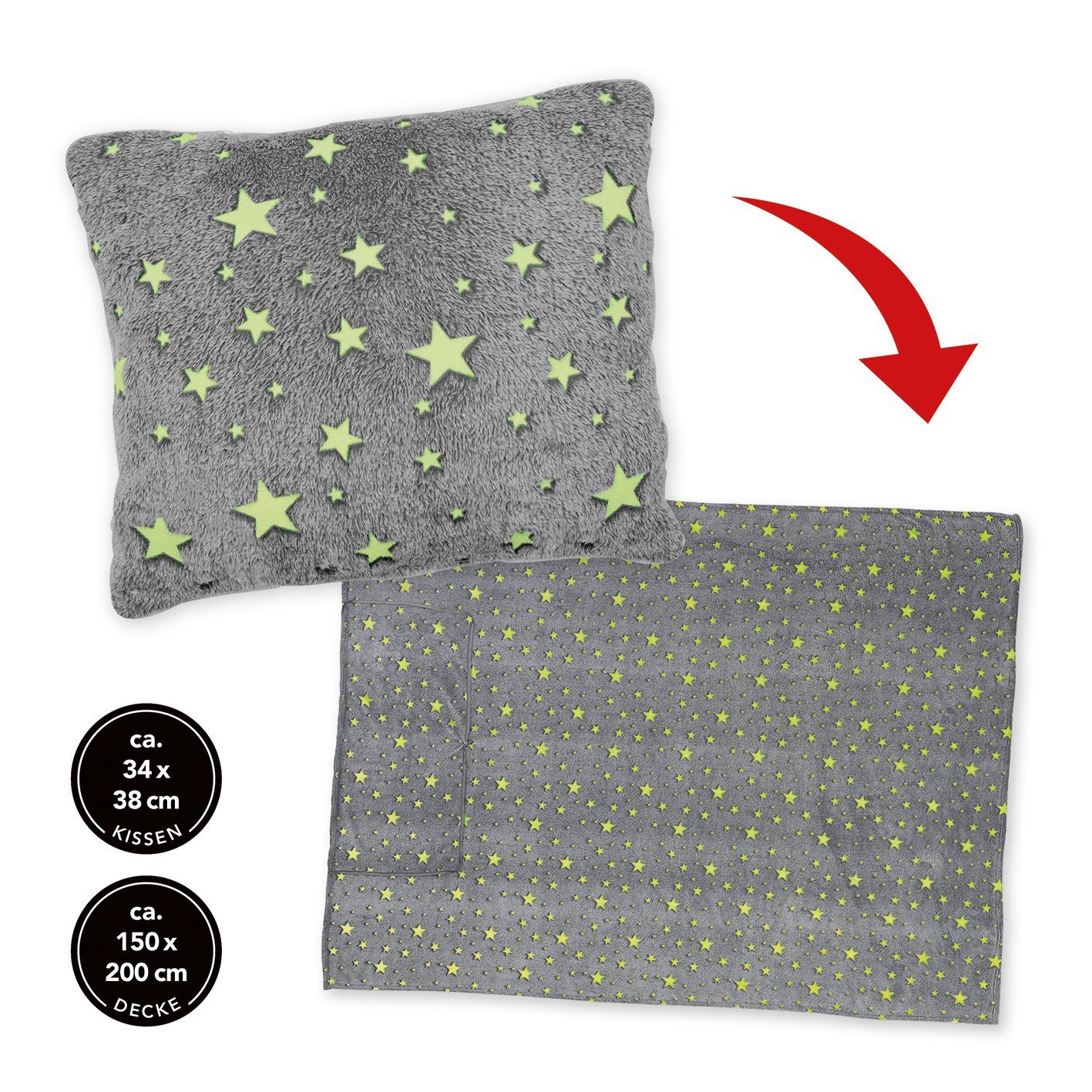 Wohndecke Kopfkissen & Wohndecke zugleich - 2in1 - leuchtende Sterne, MAXXMEE, Verwandlungskissen leuchtend "Glow in the dark"