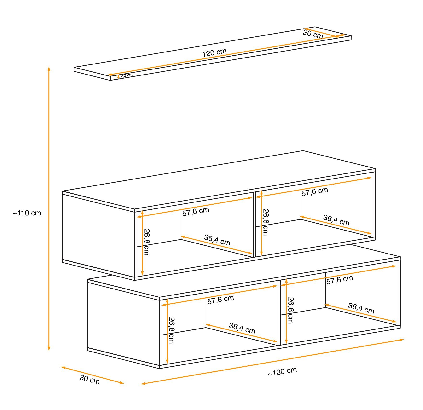 (Set Swotch - Push-to-Open bestehend L, Weiß St), 1×Wandboard, Stylefy Wohnwand Eiche SB2 hängend, 2×Lowboard, aus Wohnzimmer-Set), mit Wotan (3