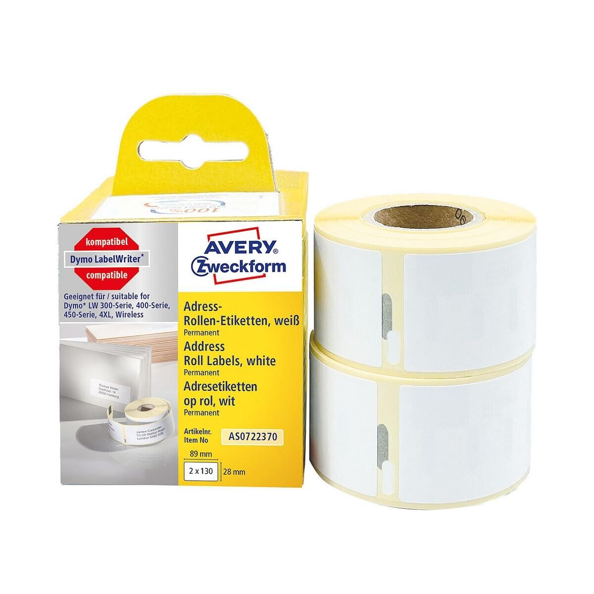 Avery Zweckform Thermorolle AS0722370, entspricht DYMO® S0722370, 260 Adress-Etiketten 28/89 mm