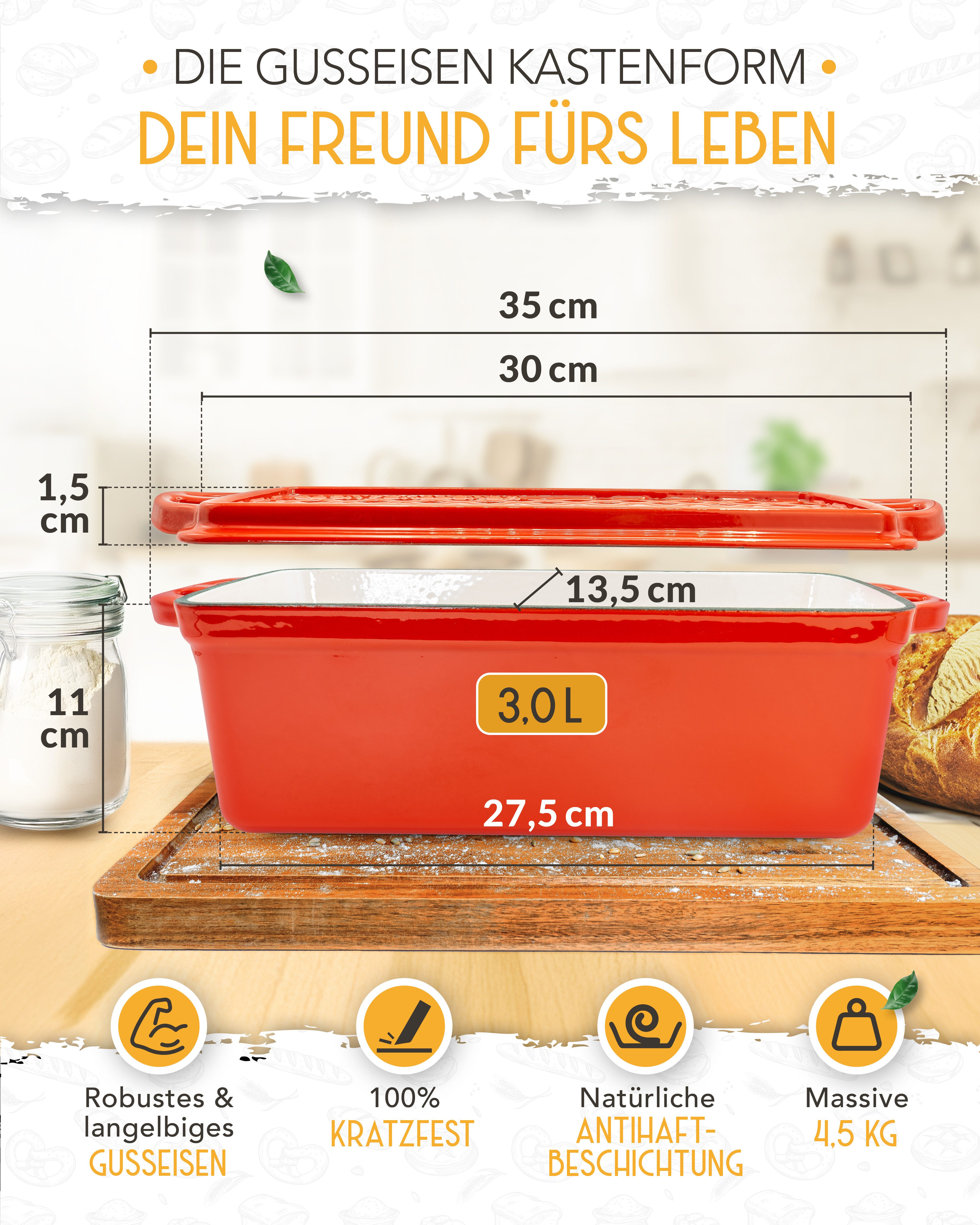 Krustenzauber Brotbackform Emaille Brotbackform 28cm mit Deckel im Komplettset, Kastenform Brot