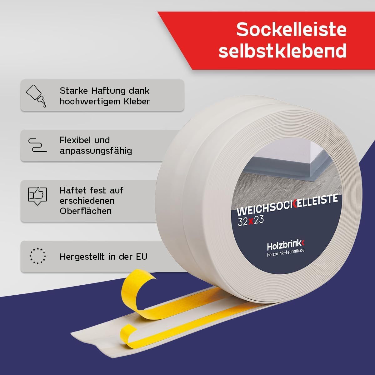 HOLZBRINK Sockelleiste PVC Weichsockelleiste selbstklebend 32x23mm Aschgrau, L: 500 cm, 5m Rolle, Küchenabschlussleiste Arbeitsplatte, Fensterleiste, Fensterabdichtung