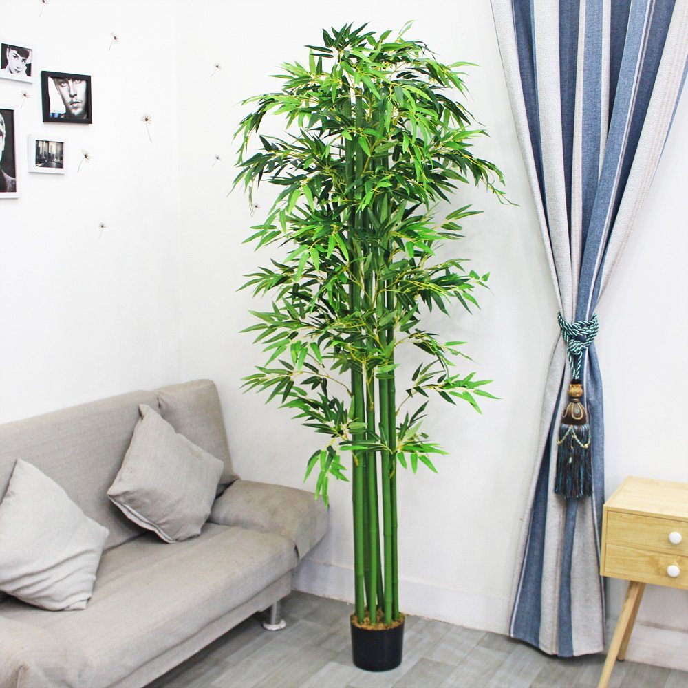 Kunstpflanze Pflanze mit 210 Echtholz Bambus Kunstbaum Künstliche Decovego Kunstbambus cm,