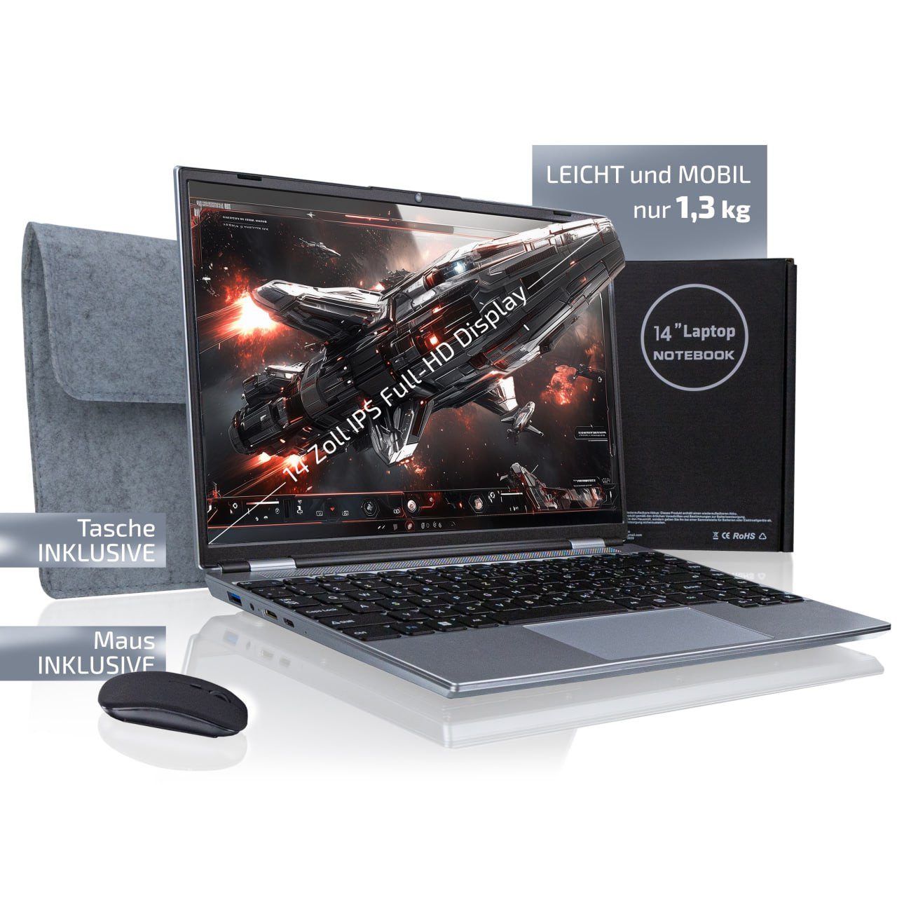 Goldstern-Tech PortaLite Elitebook Notebook (35,60 cm/14 Zoll, Intel Celeron N5095, 512 GB SSD, mit Windows 11 Pro, Leistungsoptimierter Laptop inkl. Maus & Tasche)