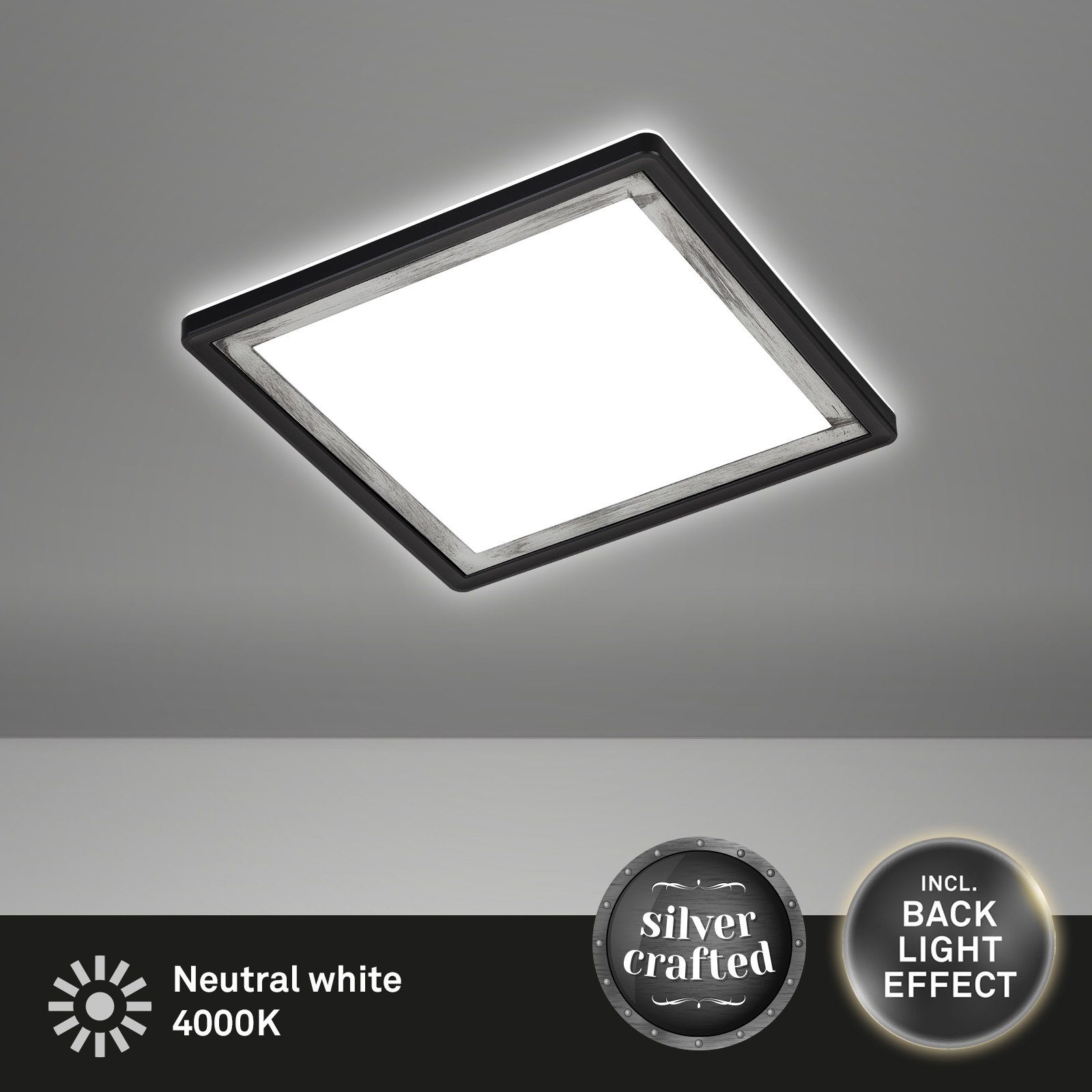 Panel 29,3 Briloner Backlighteffekt, Crafted, ultraflach, fest schwarz, Neutralweiß, LED verbaut, 7457-414, cm Leuchten LED Silver