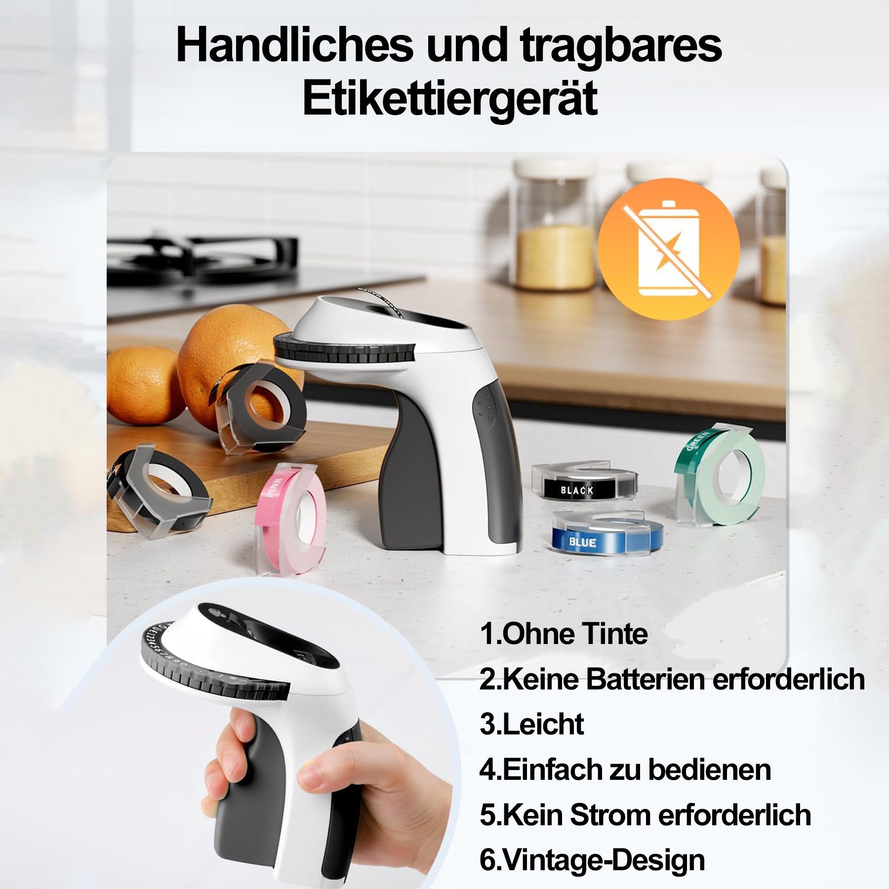 Keyura Etikettiergerät Prägegerät mit 6 Prägebändern, 3D Beschriftungsgerät Etikettendrucker, (Tragbares Handgerät für Selbstklebende Etiketten, Manuelle Etikettenprägung für Zuhause, Büro, Basteln und Hobby)