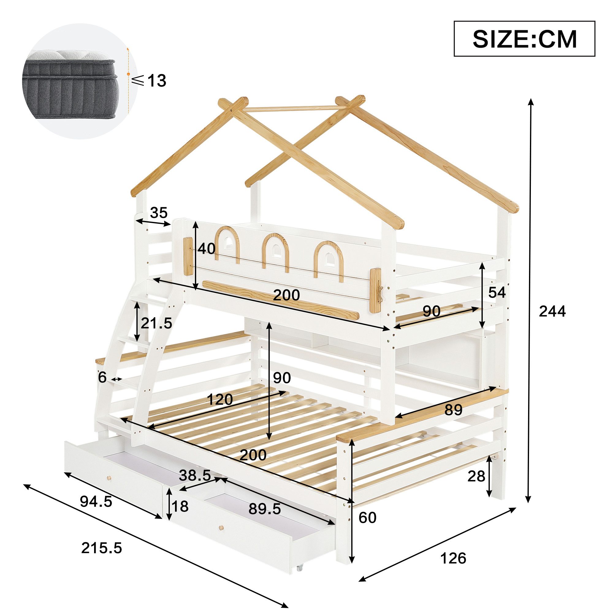Merax Etagenbett 90x200cm & 120x200cm mit Dachdesign & Leitplanke (1-St., Jugendbett Stockbett Doppelbett), Kieferholz Kinderbett mit 2 Schubladen, Regalreihe & 4-stufiger Treppe. Reduzierter Preis € 589,99. Unverbindliche Preisempfehlung € 869,99