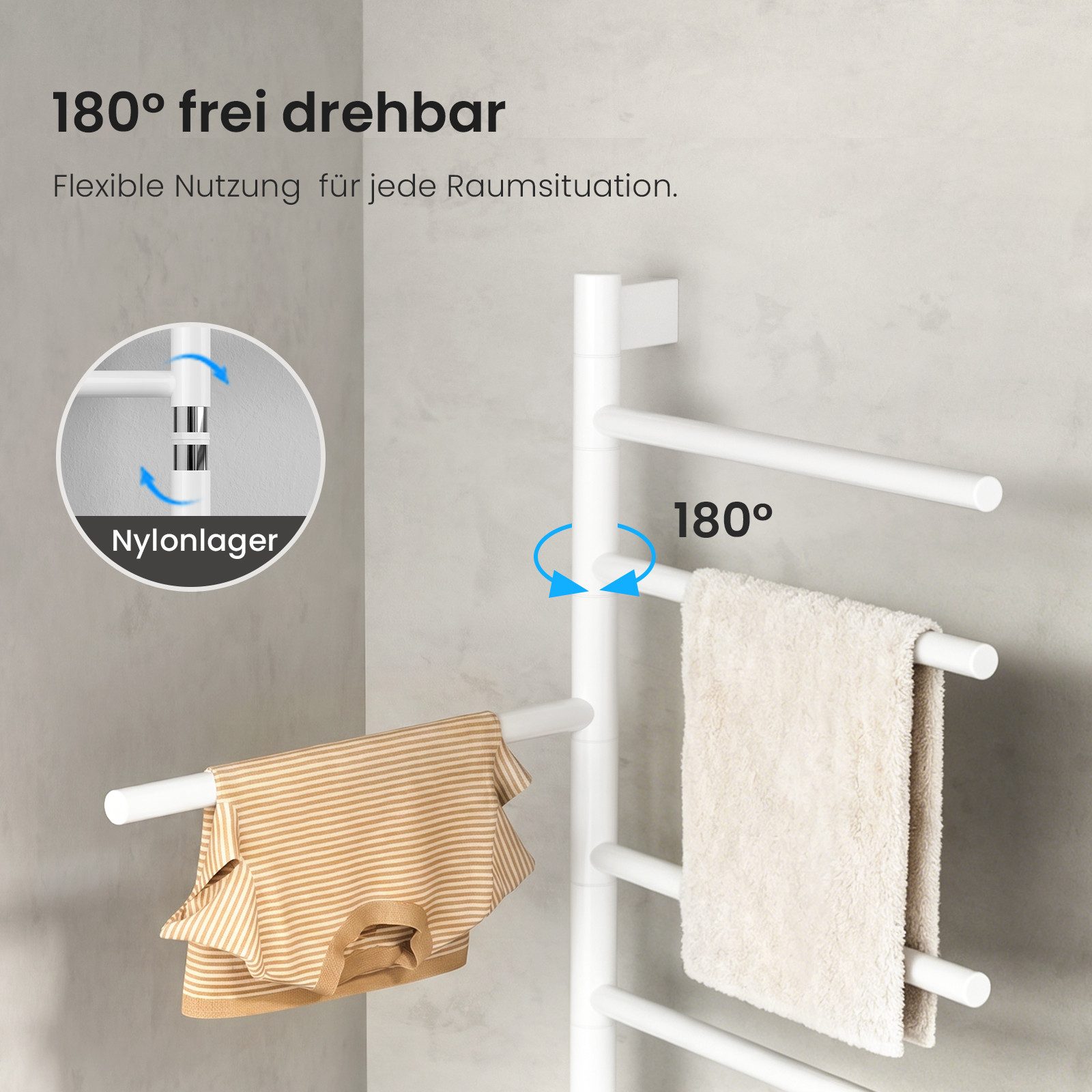 MEYKOERS Heizkörper Elektrischer Handtuchtrockner Drehbaren Heizarmen mit Smart-Steuerung, 180° schwenkbar, 135W, Kohlefaser-Heiztechnologie
