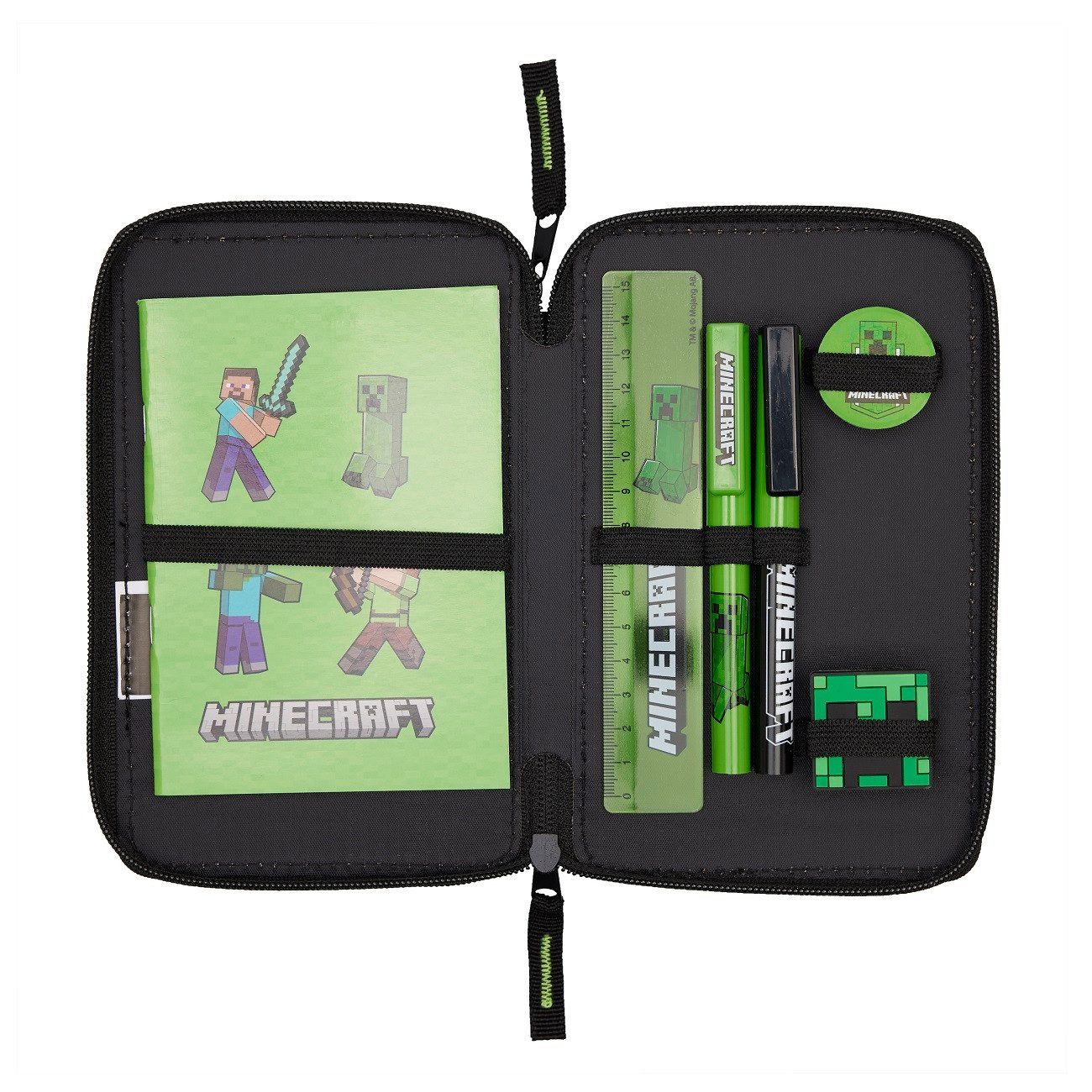 Familando Federmäppchen Minecraft im 4-teiligen Set mit Schlamperrolle, Turn- & Geldbeutel, (4-teiliges Set), Federmappe gefüllt mit Schreibzeug