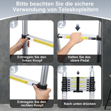 Bettizia Teleskopleiter Teleskopleiter Alu 1.9+1.9m mit Stabilisator Rädern Anlegeleiter