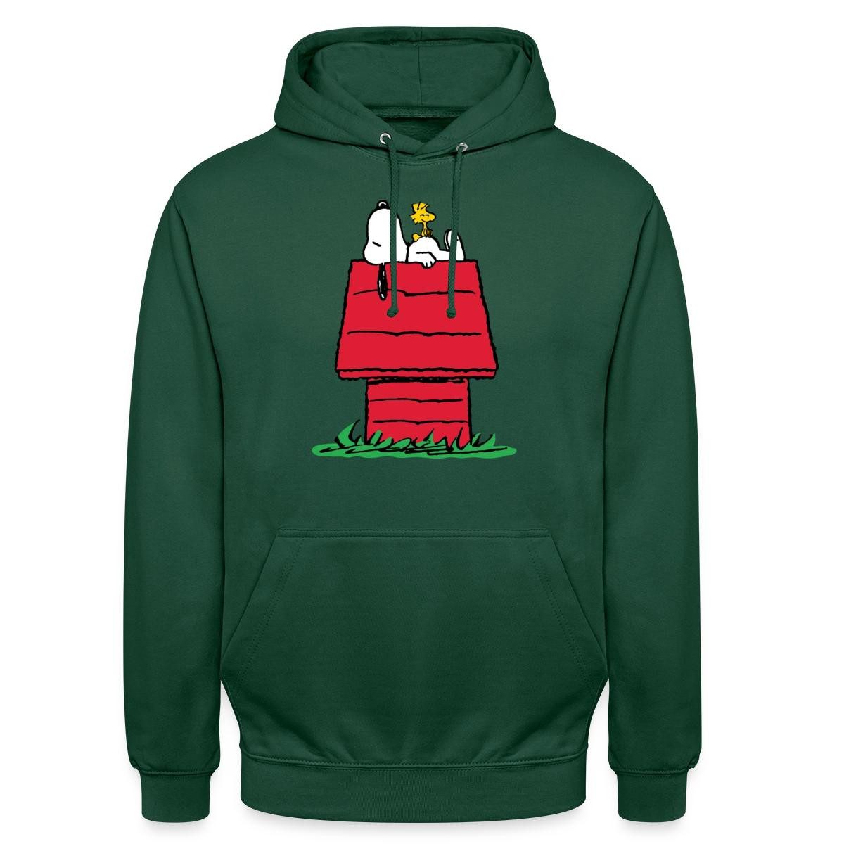 Spreadshirt Hoodie Peanuts Snoopy Und Die Hundehütte Unisex Hoodie (1-tlg) Unisex-Schnitt: Sitzt bei Männern körpernah, bei Frauen weit