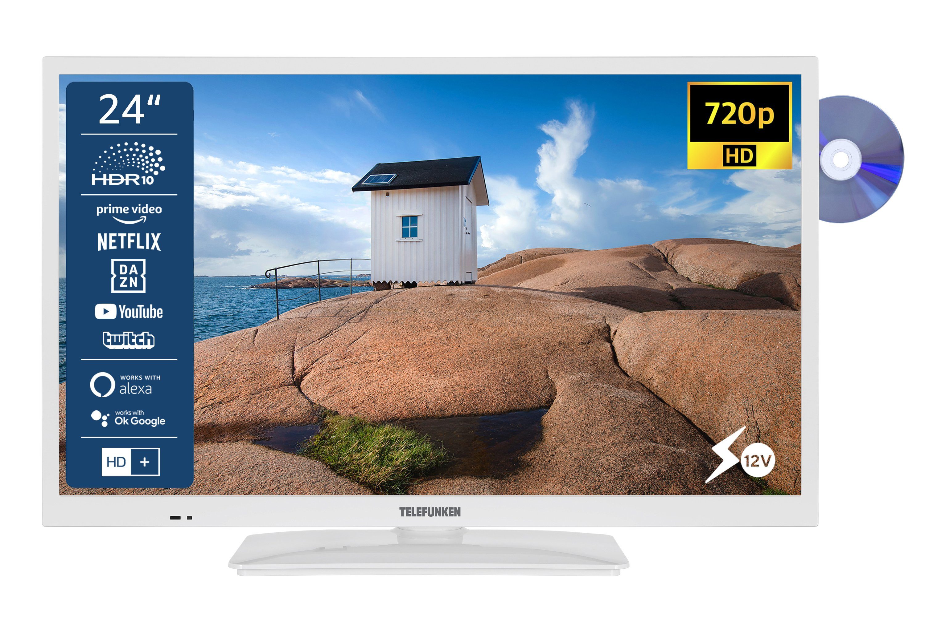 Telefunken XH24SN550MVD-W LCD-LED Fernseher (60 HD-ready, 6 cm/24 Volt Smart HD+ Monate Anschluss, DVD-Player, gratis) TV, Triple-Tuner, 12 Zoll