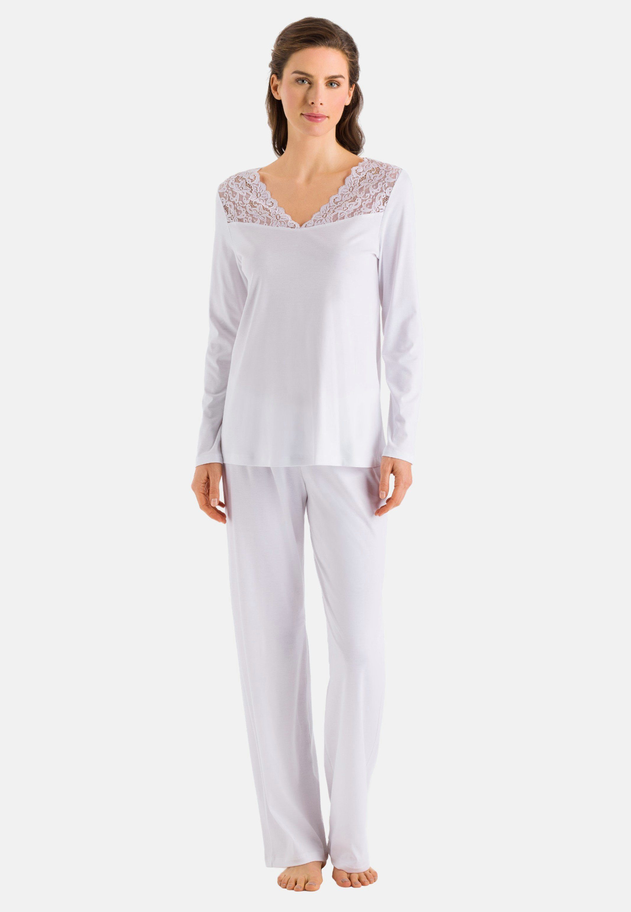 Weiß Spitzenverzierung Pyjama 2 (Set, Üppige Ausschnitt tlg) am Pyjama - - Moments Baumwolle Hanro