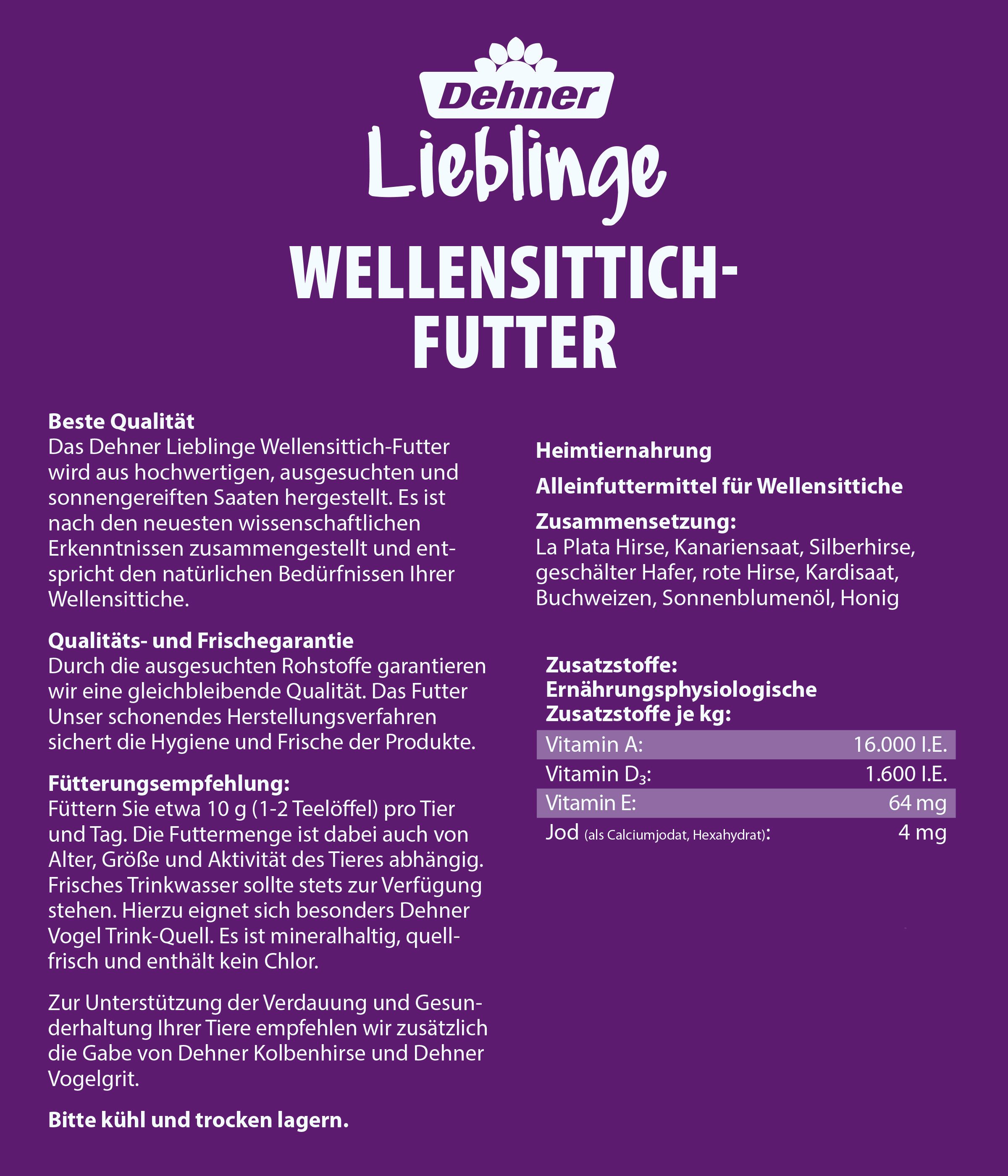 Dehner Lieblinge Wellensittich Futter, 5 kg / 10 kg, Vitamin-Aktiv-Komplex, Hauptfutter für: Wellensittiche, Hochwertige Hirsesorten und Saaten plus Jod