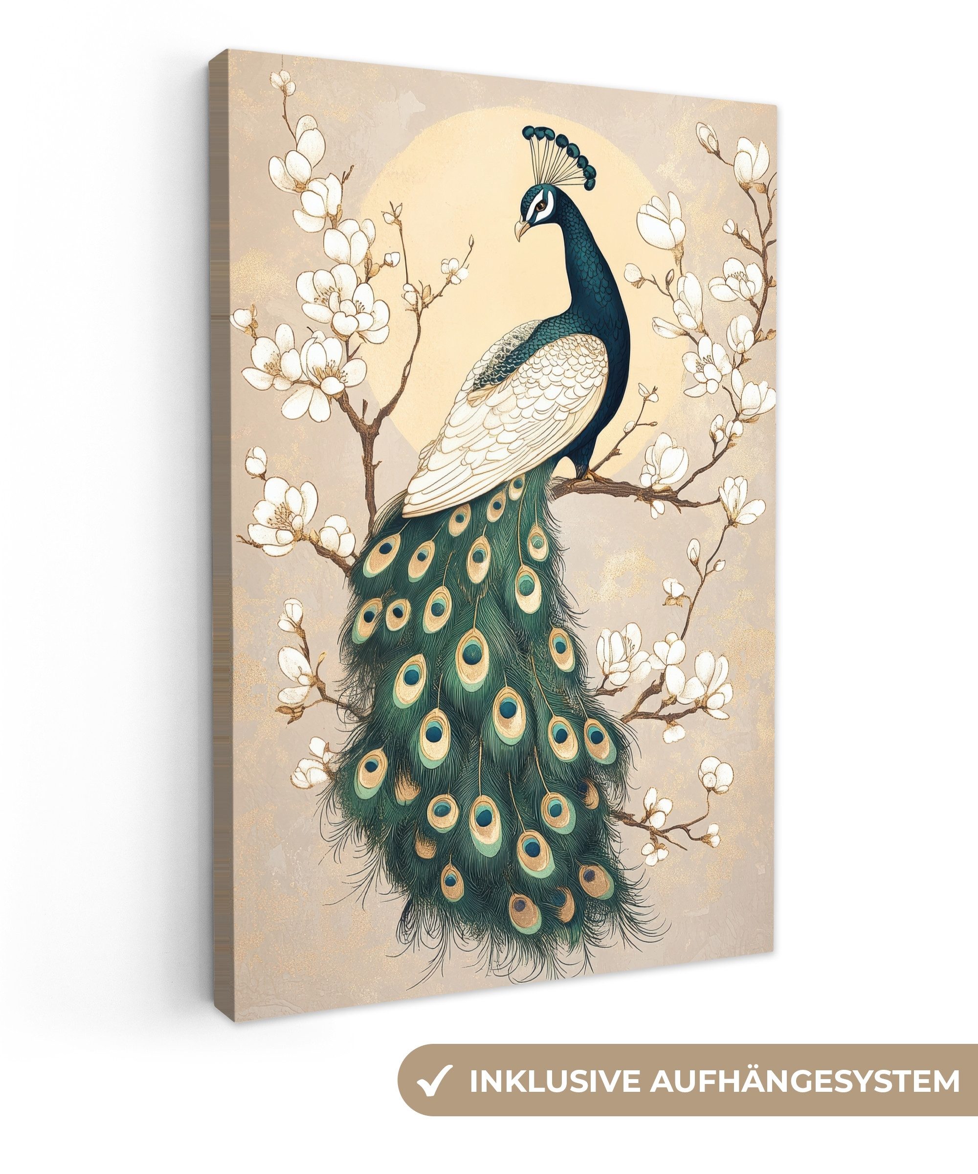 OneMillionCanvasses® Leinwandbild Pfau - Zweig - Blumen, Fotodruck (1 St), günstig online kaufen