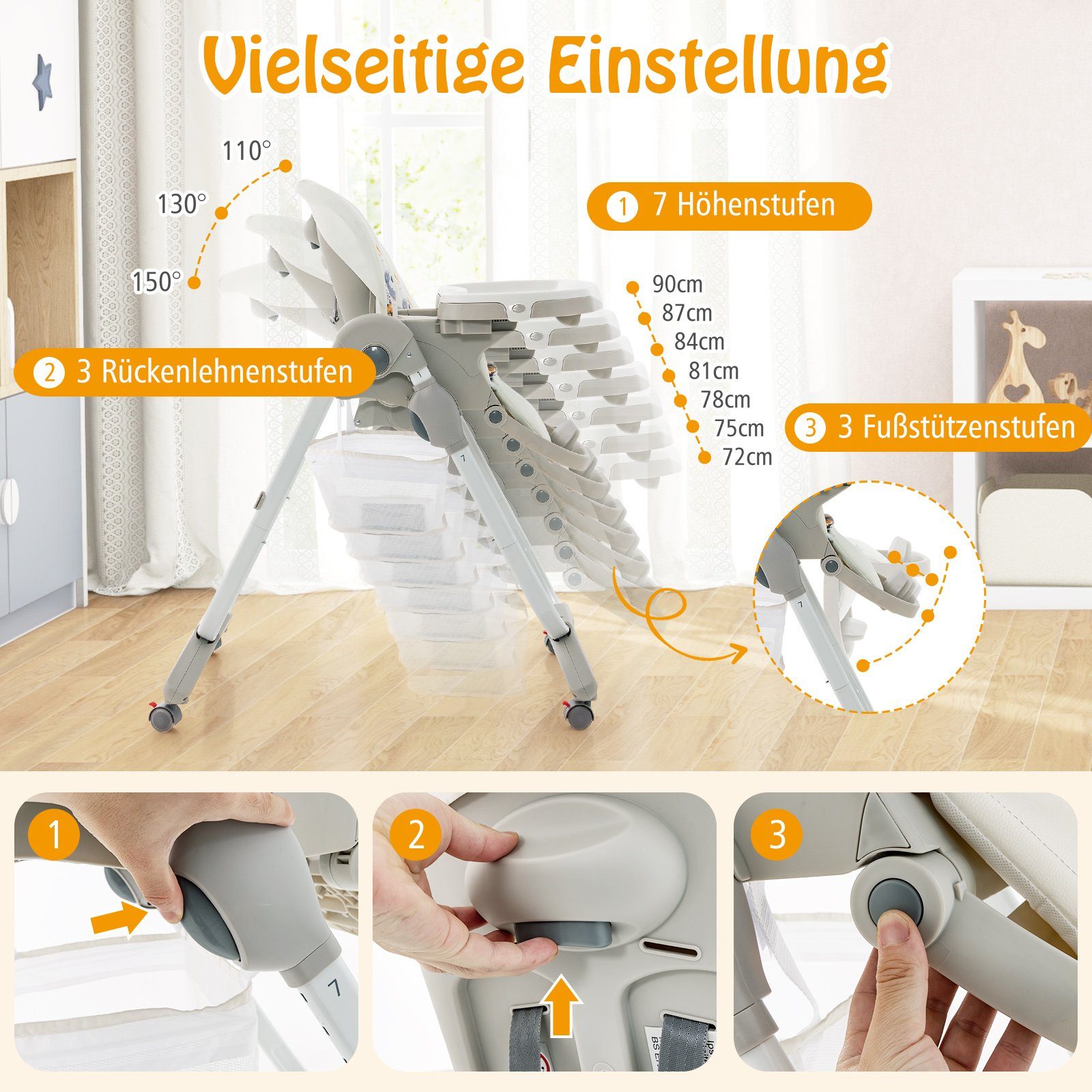 COSTWAY Hochstuhl Babystuhl, klappbar, verstellbar, mit Liegefunktion & Rädern