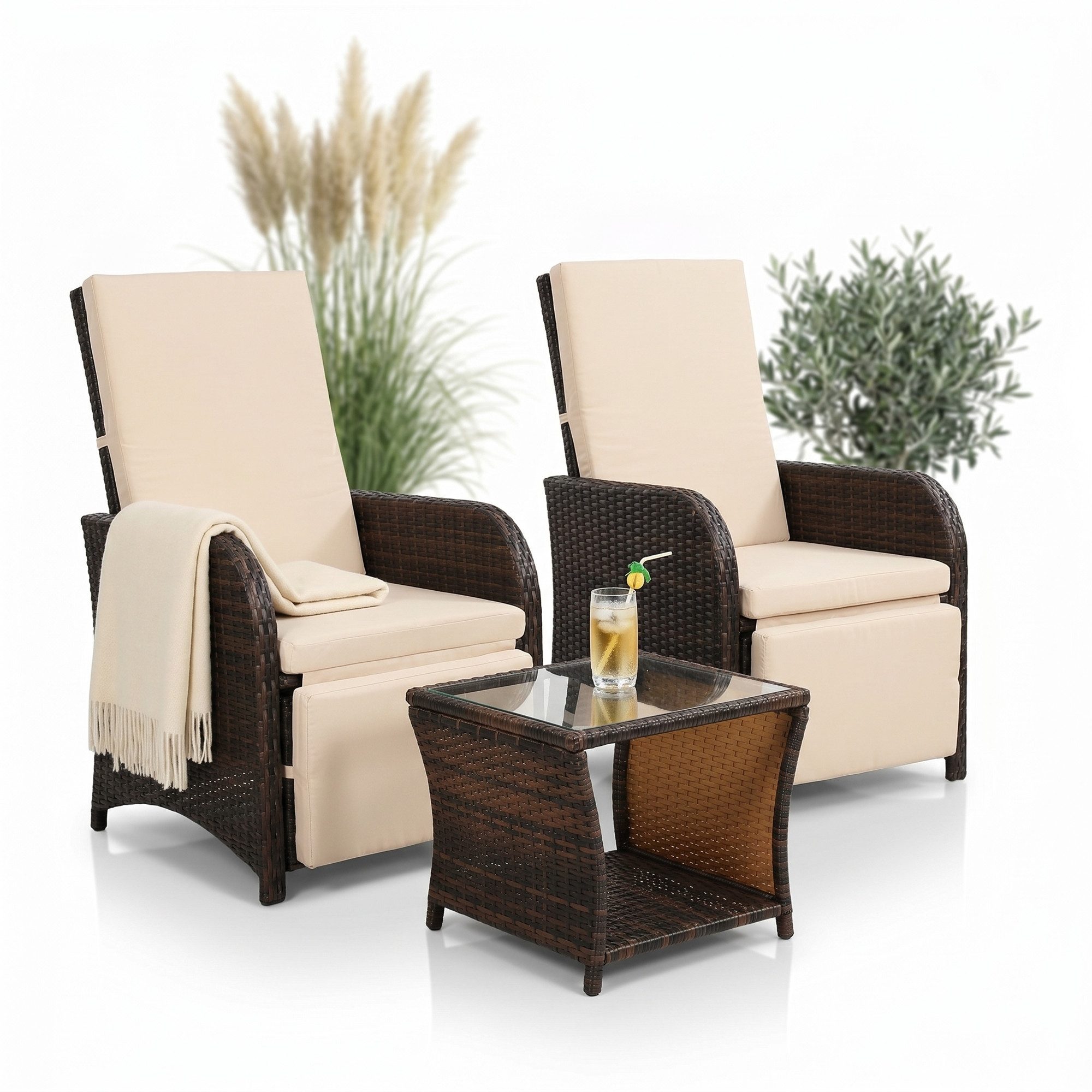 Mucola Balkonset Balkonmöbel-Set 3-teilig aus Polyrattan inkl. Auflagen für Balkon, (Balkonmöbel-Set, 3-tlg., 3-teiliges Balkonmöbel-Set für 2 Personen), platzsparendes Balkonmöbel-Set mit Polyrattan-Geflecht und Auflagen