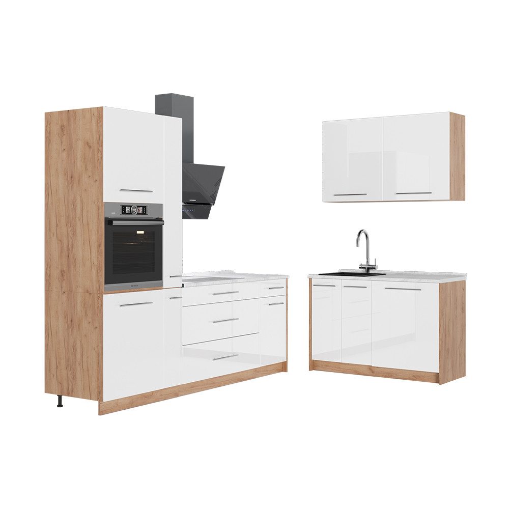 Vicco Winkelküche Fame-Line, Weiß Hochglanz/Goldkraft Eiche, 220 x 120 cm, AP Marmor
