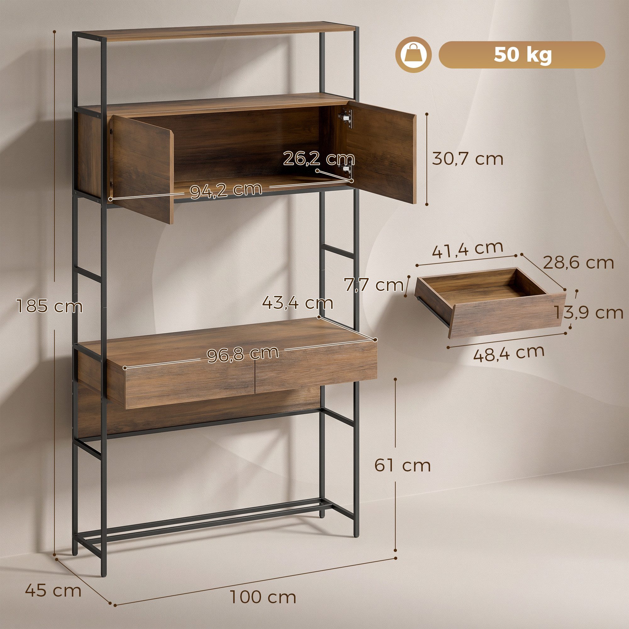 HOMCOM Schreibtisch Computertisch Bürotisch mit Regalen und Türen (Set, 1-St., 1 Tisch), für Homeoffice, Wohnzimmer, Braun