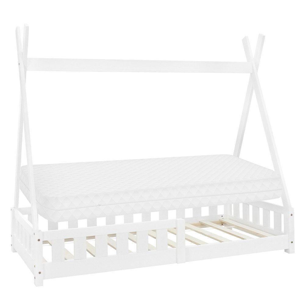 ML-DESIGN Spielbett Hausbett Tipi Zeltbett inkl. Lattenrost Bodenbett Kinder Himmelbett, Abenteuerbett mit Rausfallschutz Zelt Bett Kiefer Weiß Kinderhaus